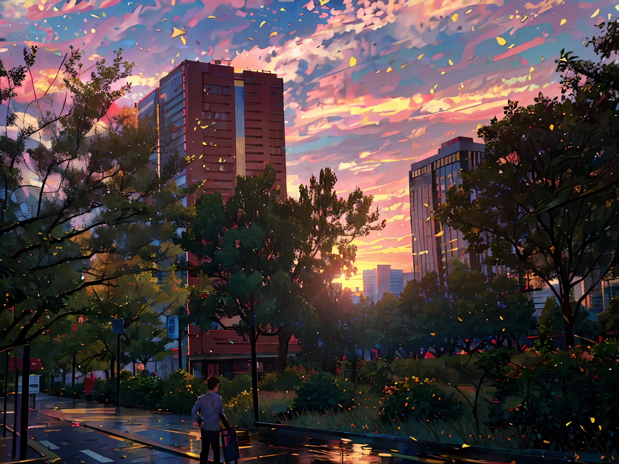 sunset in a city park with a man walking with a suitcase, golden hour in beijing, at dusk at golden hour, taken at golden hour, at golden hour, late summer evening, beautiful late afternoon, at the golden hour, in the evening, the sun is setting, golden hour time, sunset at golden hour, early evening, during golden hour, morning golden hour