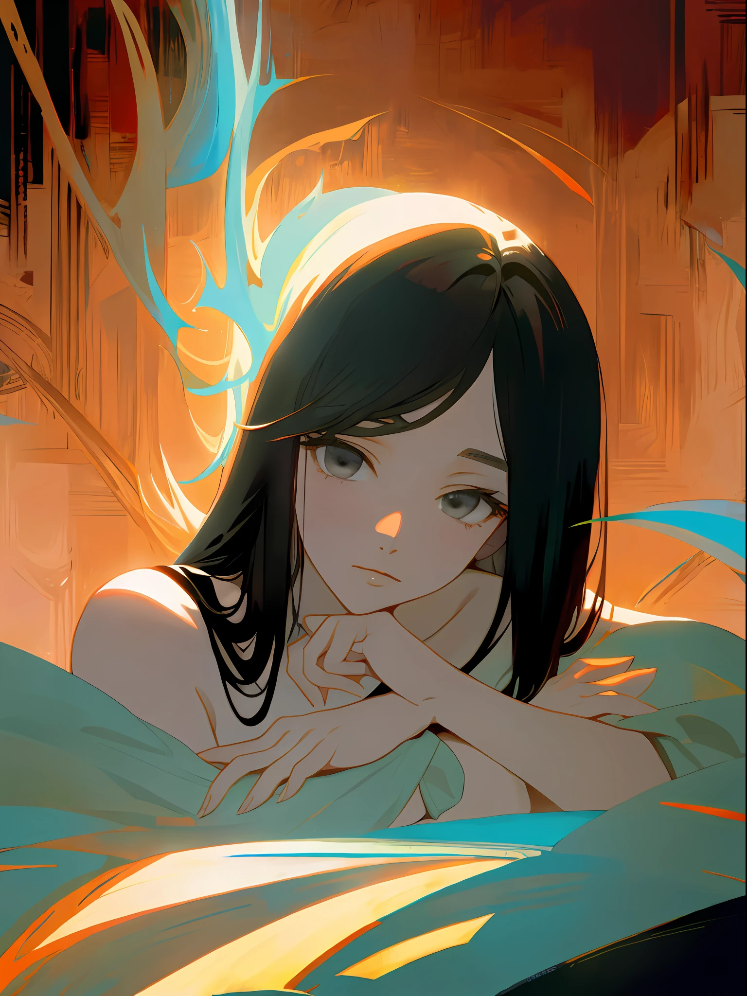 (masterpiece, best quality, ultra-detailed, best shadow), (detailed background, dark fantasy), (beautiful detailed face), high contrast, (best illumination, an extremely delicate and beautiful), ((cinematic light)), colorful, hyper detail, dramatic light, intricate details, (1girl, solo, black hair, sharp face, loose shoulder-length hair, grey eyes, dynamic angle), depth of field, anime, magic