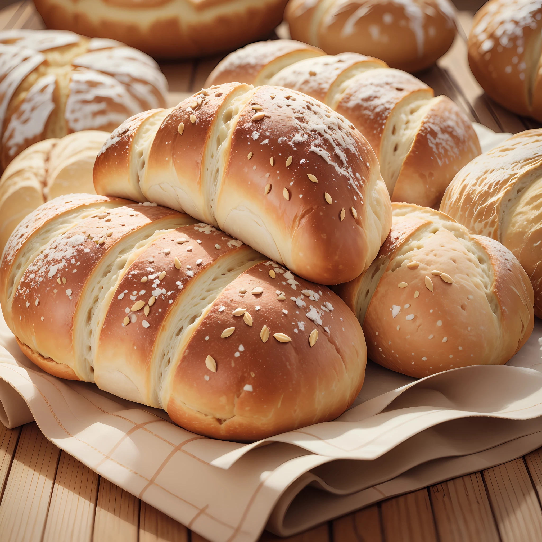 Breads wallpaper, 4k, ultra realistic, real breads, masterpiece, French bread with little wheat thrown on top --auto --s2