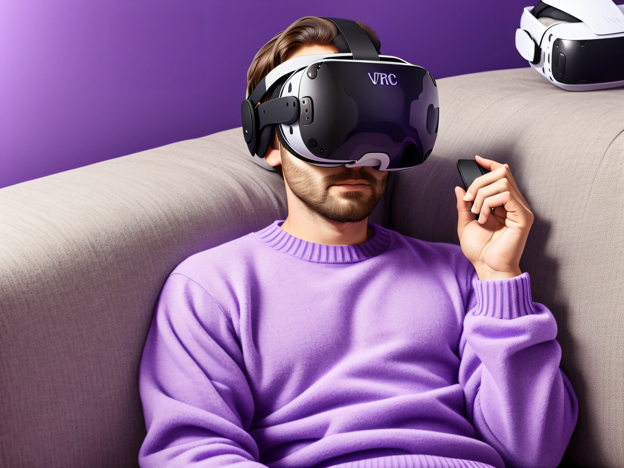 Lilac sweater man lying on the couch with a minimalist virtual reality device on his head, VR helmet on man, VR glasses, wearing VR glasses, using a VR headset, VR headset, Google VR, futuristic VR headset, using a VR headset, virtual reality headset, virtual reality, wearing VR glasses, VR helmet, using VR, VR glasses, metaverse virtual room