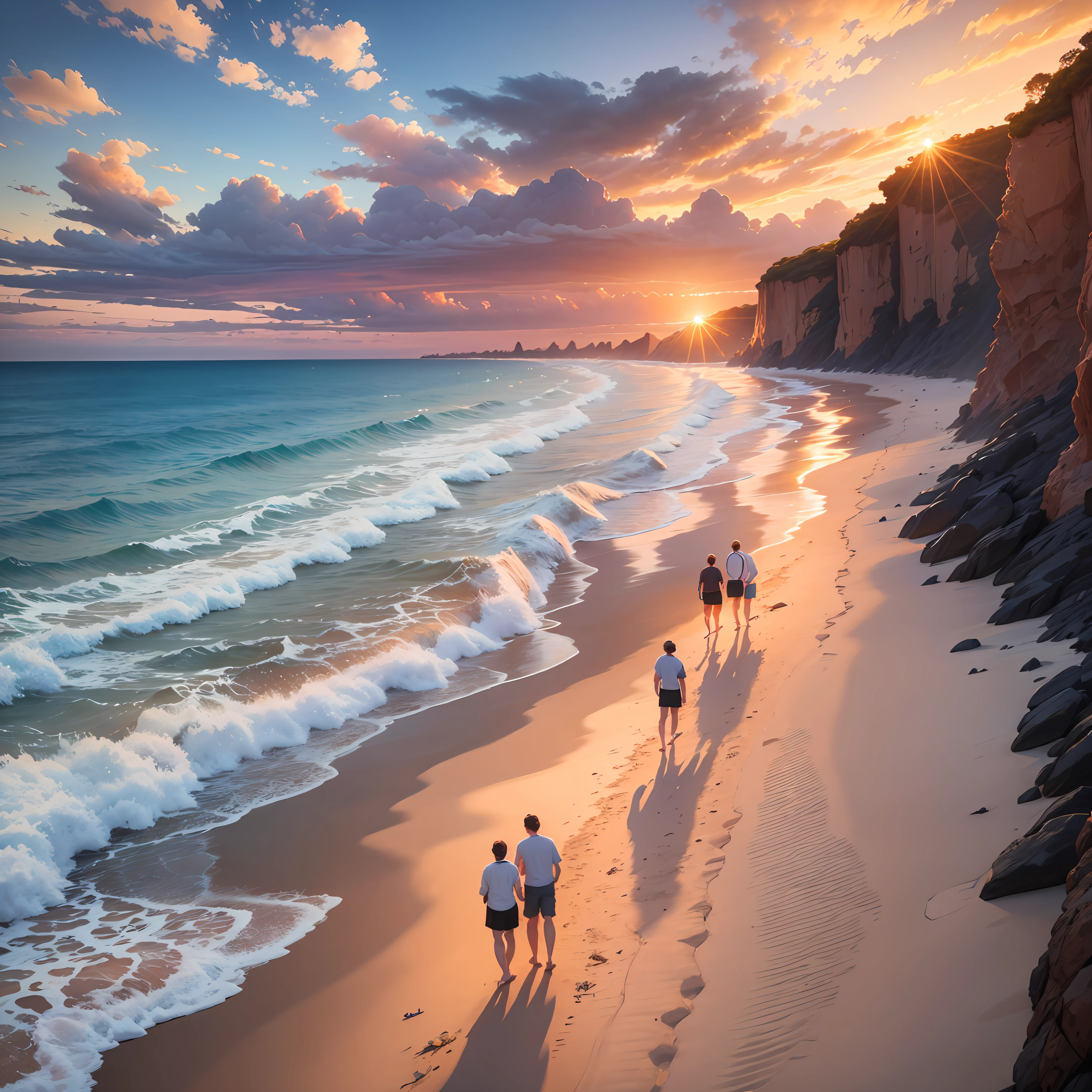 "A group of people enjoying the sunset at the beach, portrayed in ultra-detailed, hyper-realistic style. This masterpiece is of top quality and in 8k UHD resolution, with warm and radiant lighting that enhances the natural beauty of the scenery." --auto --s2