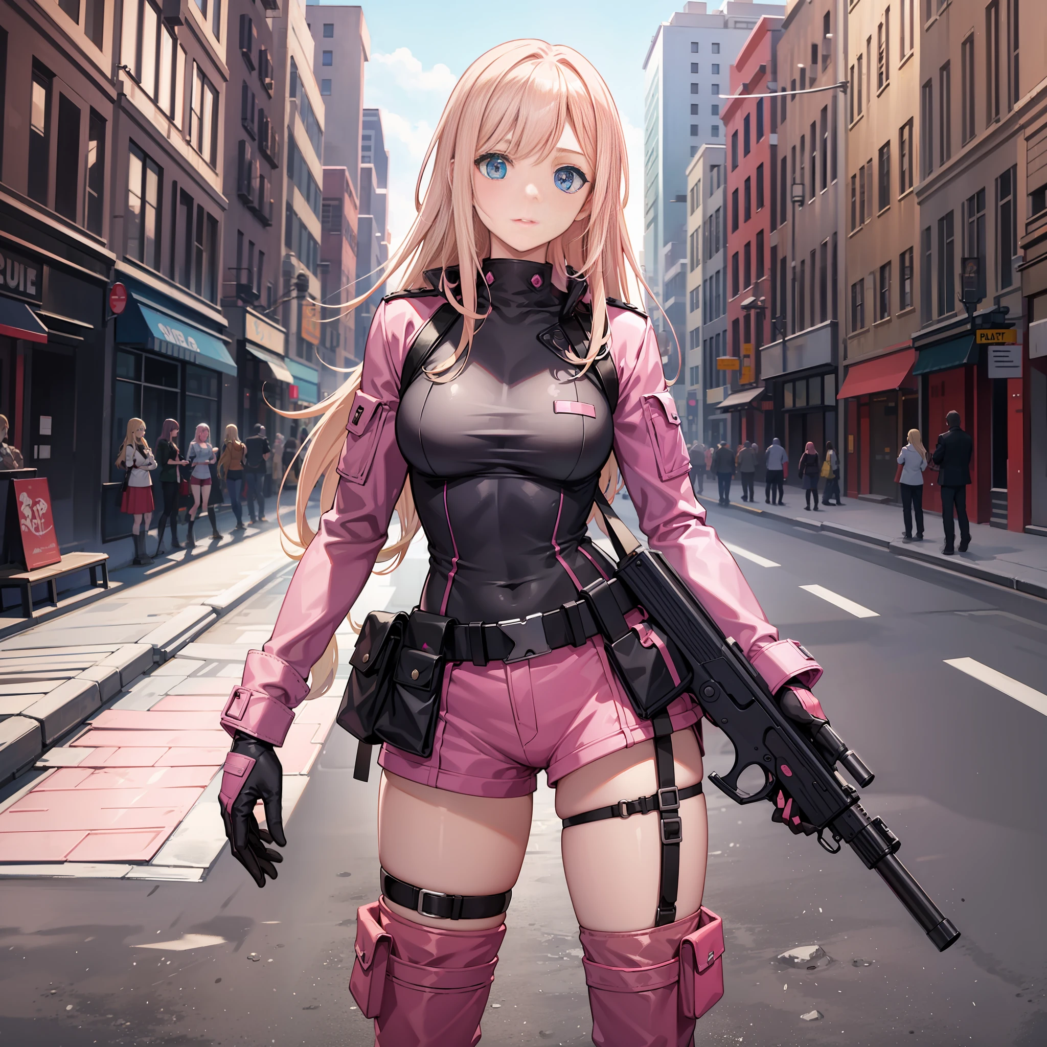 A woman, pink army outfit, defined body, holding a gun, short clothes, blonde hair, blue eyes, long hair