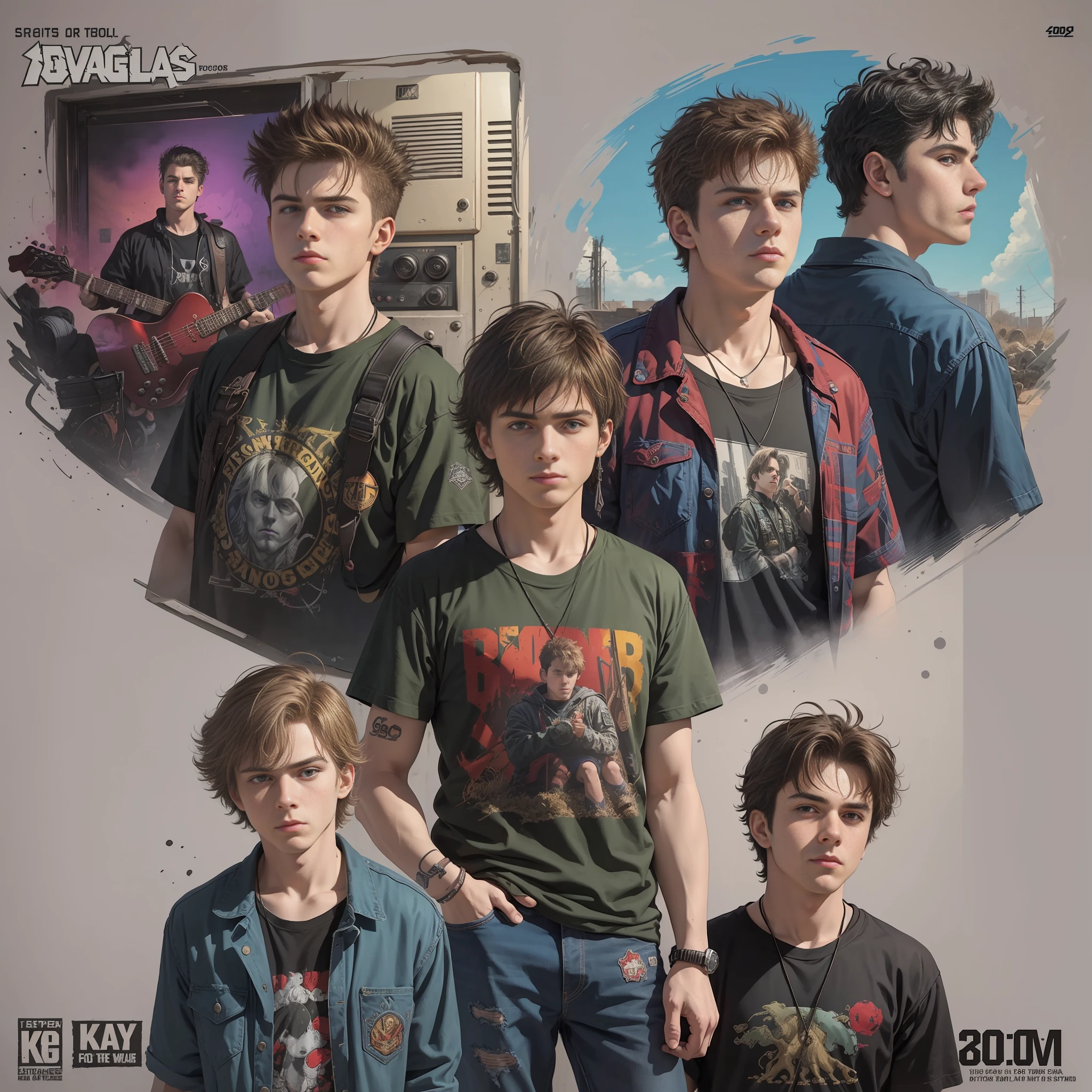 #SOD#"Hand-drawn cover for a rock music album on the theme of a male school garage band of older teenagers in a setting of the 1990s in the United States, with a corporate identity and a rich color palette."
#EOD#