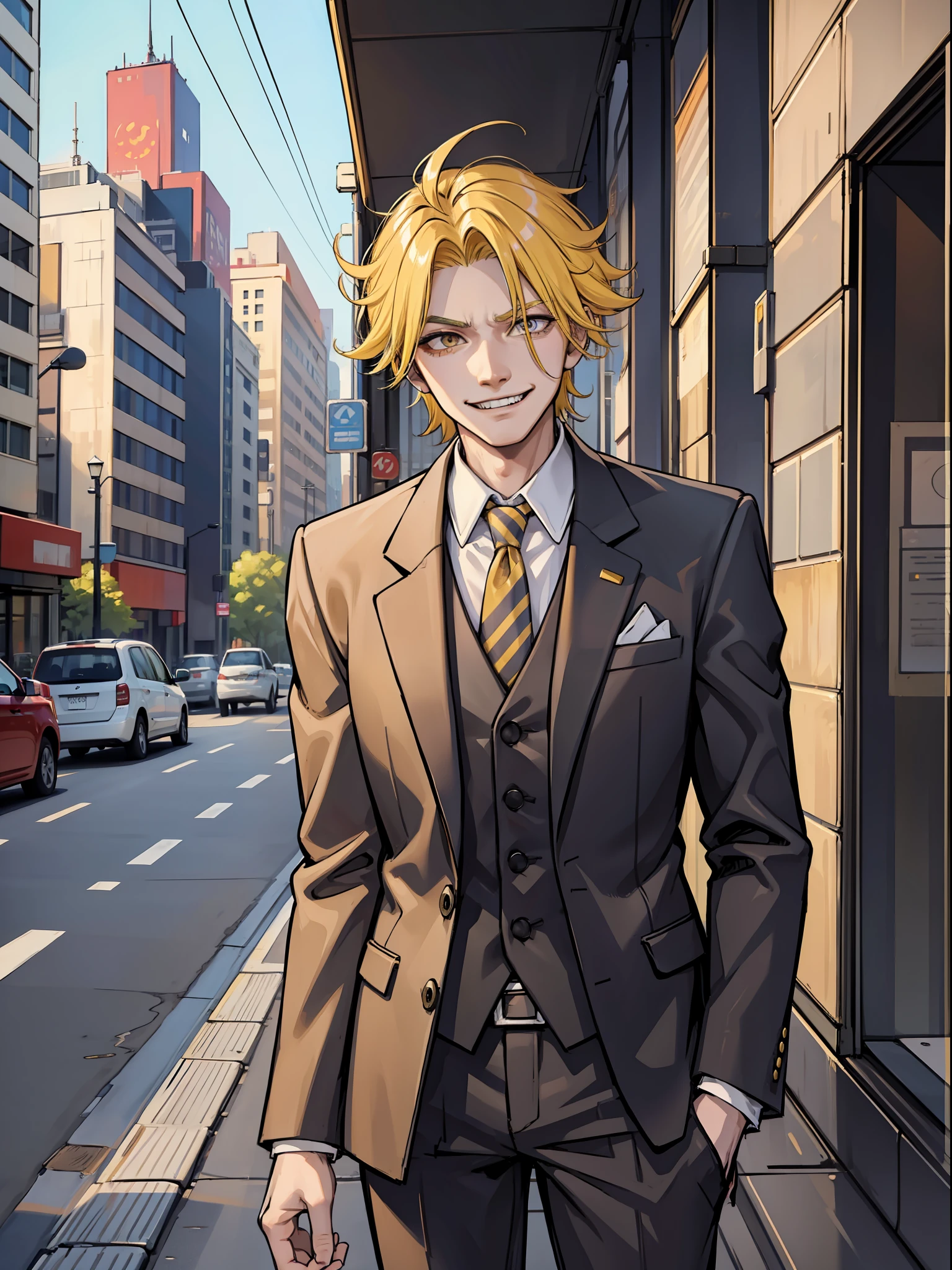 Man in suit, yellow hair, evil smile, urban, roadside