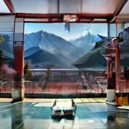 Japanese arena, monks in the audience, mountains in the background, day