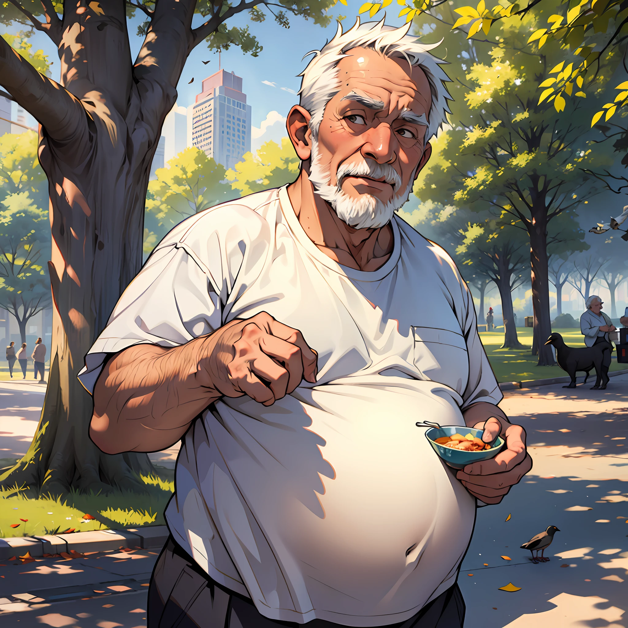 Old man, big belly, shirt half open, in the park feeding the pigeons --auto --s2