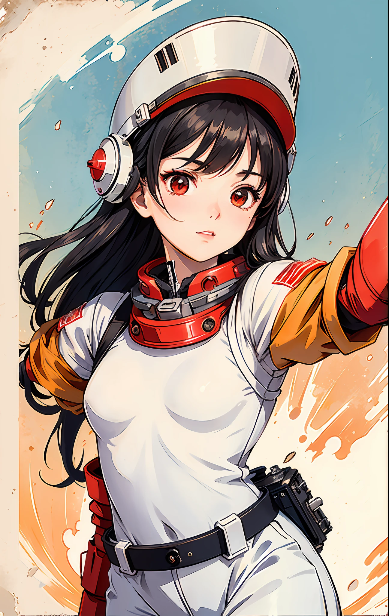 1girl, flat chested, cute, beautiful detailed eyes, shiny hair, visible through the hair, hair between the eyes, CCCPposter, sovietposter, red monochrome, Soviet poster, USSR, communism, black hair, red eyes, vampire ,girl,small breasts,spacesuit:Orange_clothing_body:jumpsuit ), white_gloves, white_space shoes, white_helmet, CCCP scarlet letters on the top of the helmet, weightlessness, Side light, reflection, the person in the spacesuit is at the bottom left of the picture, right hand outstretched, right hand Gently touch the Salyut space station), the space station in the upper right corner of the screen, the reflected light of the sun, silver metal, red flag, brilliance, Soviet style, diffuse reflection, metal texture, blue earth in the distance, mech style, star sea, high-profile, majestic