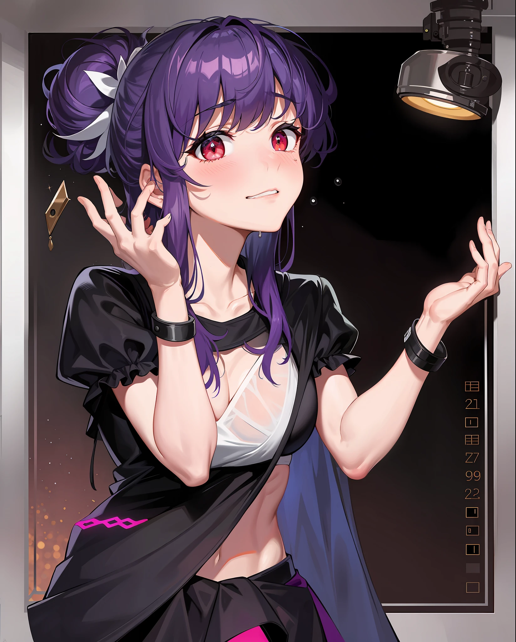 (cum on breasts: 1.3), arms behind back, purple hair, masterpiece, top angle, looking at viewer, 1girl, cute, slender, black bikini, big breasts, loose breasts, thin waist, sweaty, skin bright, glowing skin, depth of field, sharp focus, detailed eyes, clear pupils, realistic pupils, delicate facial features, high resolution, (hyper-detailed: 1.2), shudder, anguish, sad smile, restrained, embarrassed, (watery eyes : 1.5), (thick thighs :0.4), red eyes, white micro bikini, micro bikini ( white)