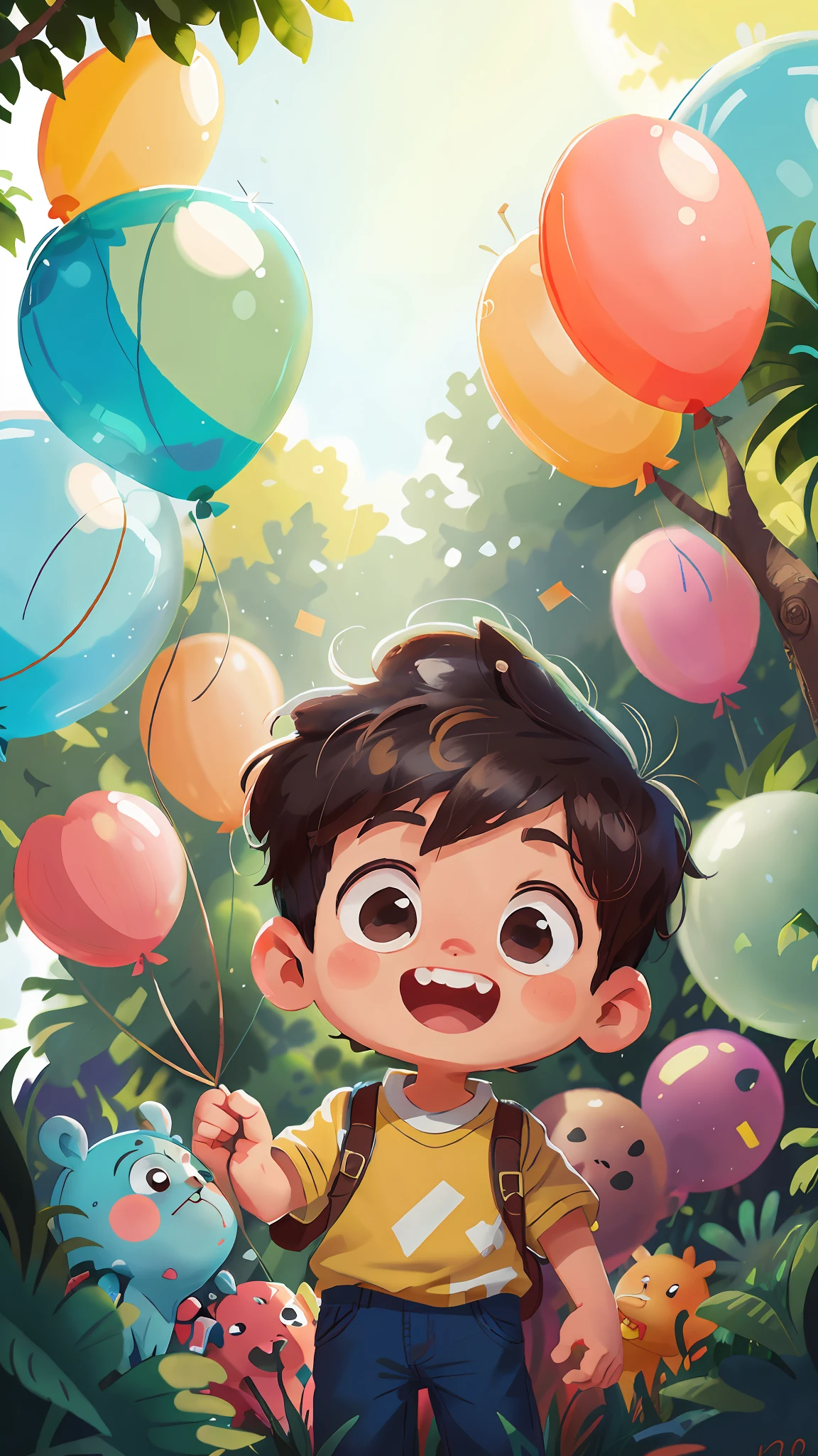 A boy, zoo, many balloons, happy, happy, perfect quality, clear focus (clutter - home: 0.8), (masterpiece: 1.2) (realistic: 1.2) (bokeh) (best quality) (detailed skin: 1.3) (intricate details) (8K) (detail eyes) (sharp focus), (happy)