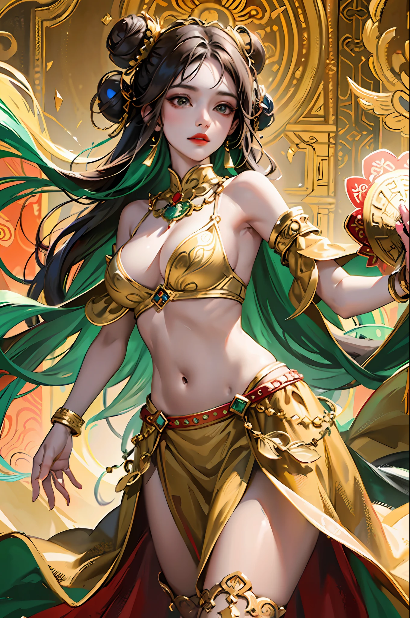 (Masterpiece: 1.2, Best Quality), (Very Detailed Face, Real Pictures, Realistic Skin, Realistic Body, Intricate Details), (High Quality), Pretty Girl, Brunette Hair, Bun All Coiled High, Green Top, Fringed and Gold Ornaments, Jewels on Belly Navel, Wide Arm Ring with Gold Pattern on Arms, Red Silk Arm Ring, Flying in the Wind, Red Yellow Long Dress Embroidered with Colorful Patterns, Gorgeous Belt Made of Various Gold Ornaments and Tassel Gemstones, Decoration, Dunhuang Style, Dunhuang Mogao Grottoes, Watercolor Style