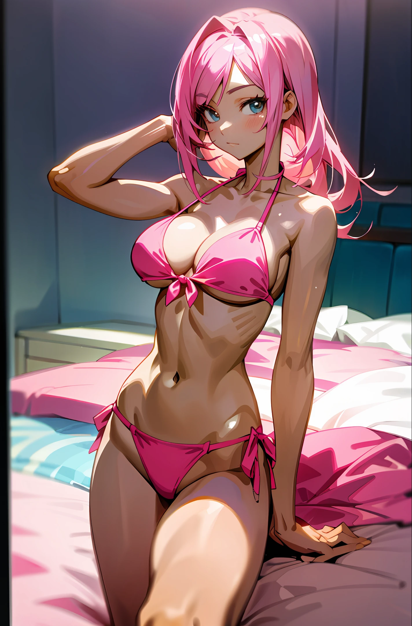A beautiful and perfect anime woman with perfect and bulky body with a bikini in the pink bedroom from the coast view
