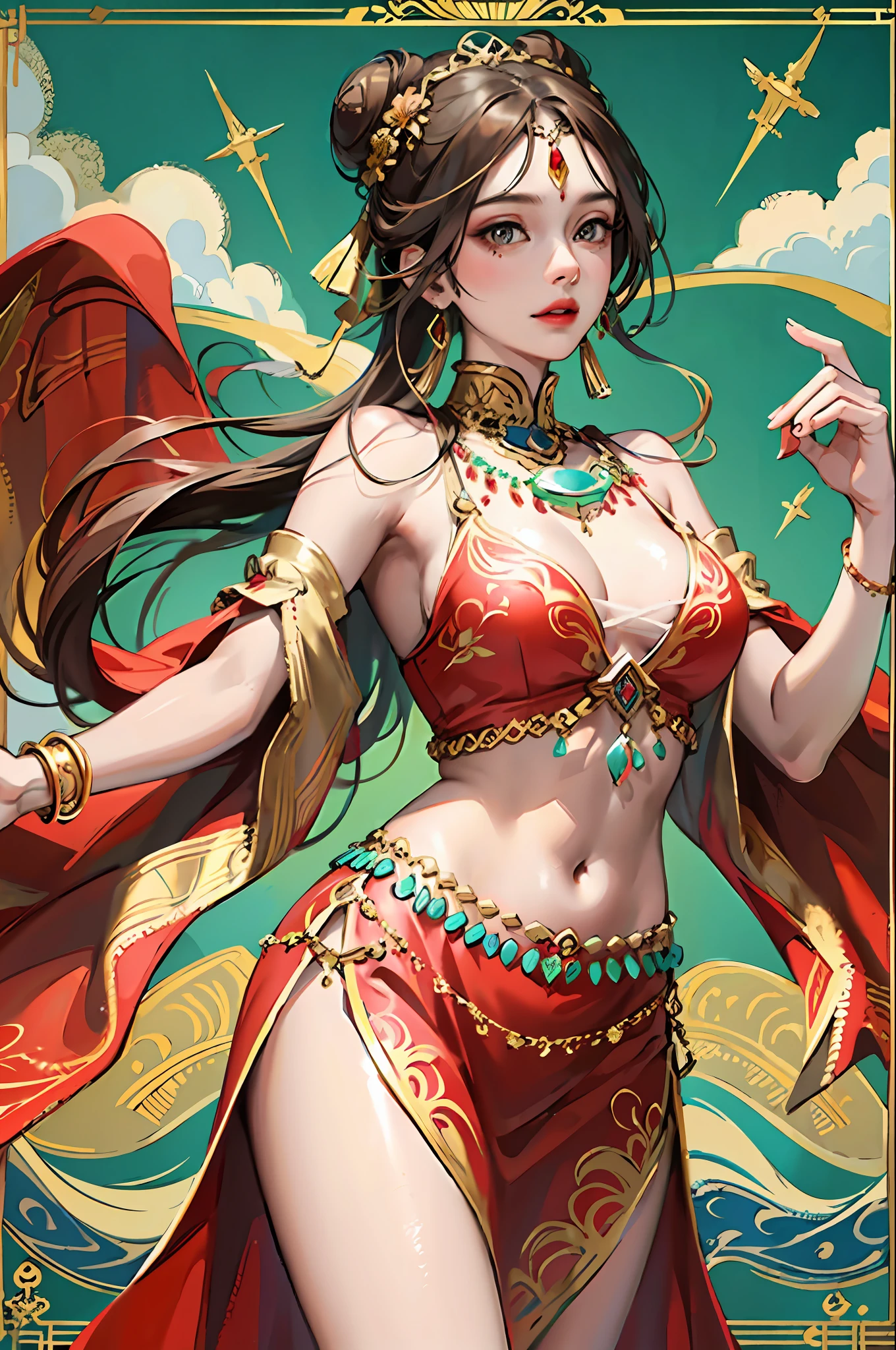 (Masterpiece: 1.2, Best Quality), (Very Detailed Face, Real Pictures, Realistic Skin, Realistic Body, Intricate Details), (High Quality), Pretty Girl, Brunette Hair, Bun All Coiled High, Green Top, Fringed and Gold Ornaments, Jewels on Belly Navel, Wide Arm Ring with Gold Pattern on Arms, Red Silk Arm Ring, Flying in the Wind, Red Yellow Long Dress Embroidered with Colorful Patterns, Gorgeous Belt Made of Various Gold Ornaments and Tassel Gemstones, Decoration, Dunhuang Style, Dunhuang Mogao Grottoes, Watercolor Style