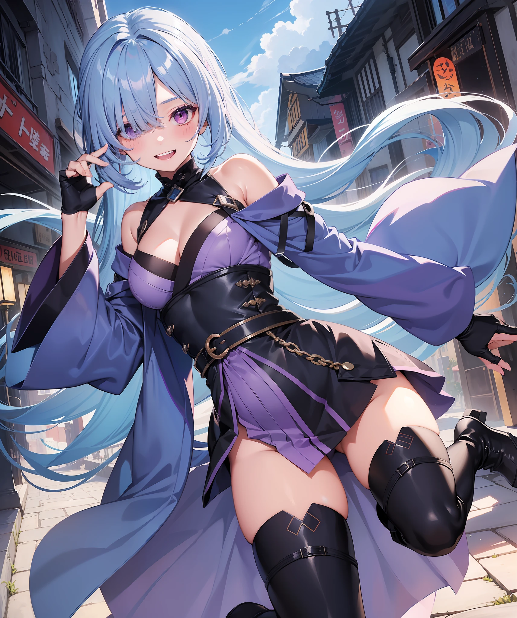 fantasy, 1ninja,girl,(loli:1.4),teen, ponytail, (light_blue_hair)1.2, (very_long_bangs:1.3), (hair_over_one_eye:1.5),(long_bang_covers_right_half_of_face)++,(drooping_eye)+++, red_eye, gentle_face,blush, large_breasts, cloudy_sky, day,purple_clothes, sideless_kimono, ,public,in_fantasy_town_background, pelvic_curtain, thighhighs, boots, happy, open_mouth,childlike smile,grin, teeth, covered_breasts, bare_shoulder, covered_neck