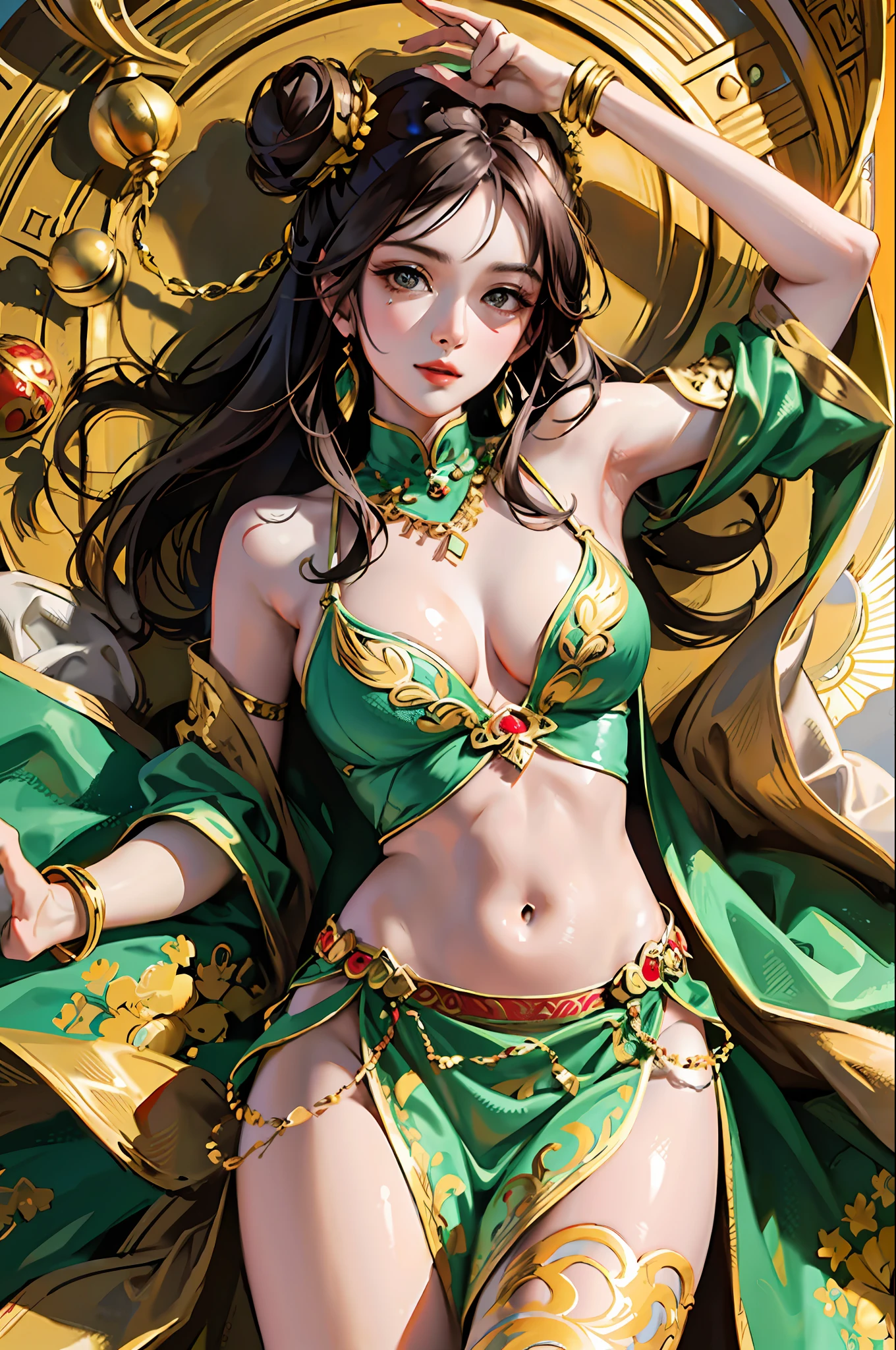 (Masterpiece: 1.2, Best Quality), (Very Detailed Face, Real Pictures, Realistic Skin, Realistic Body, Intricate Details), (High Quality), Pretty Girl, Brunette Hair, Bun All Coiled High, Green Top, Fringed and Gold Ornaments, Jewels on Belly Navel, Wide Arm Ring with Gold Pattern on Arms, Red Silk Arm Ring, Flying in the Wind, Red Yellow Long Dress Embroidered with Colorful Patterns, Gorgeous Belt Made of Various Gold Ornaments and Tassel Gemstones, Decoration, Dunhuang Style, Dunhuang Mogao Grottoes, Watercolor Style