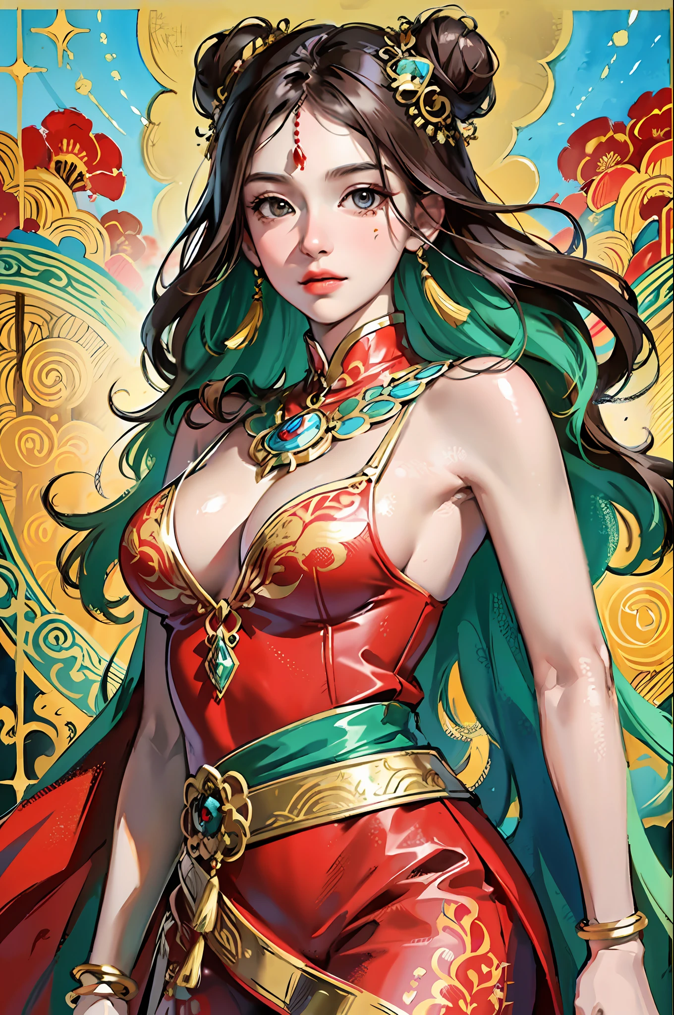 (Masterpiece: 1.2, Best Quality), (Very Detailed Face, Real Pictures, Realistic Skin, Realistic Body, Intricate Details), (High Quality), (Watercolor: 1.3), Pretty Girl, Brunette Hair, Bun All Rolled High, Green Top, Fringed and Gold Ornaments, Jewels on Belly Pollar, Wide Armband with Gold Pattern on the Arm, Red Silk Linked to the Armring, Flying in the Wind, Red and Yellow Long Dress Embroidered with Colorful Patterns, Gorgeous Belt Made of Various Gold Ornaments and Tassel Gemstones, Decoration, Dunhuang Style, Dunhuang Mogao Grottoes, Watercolor Style