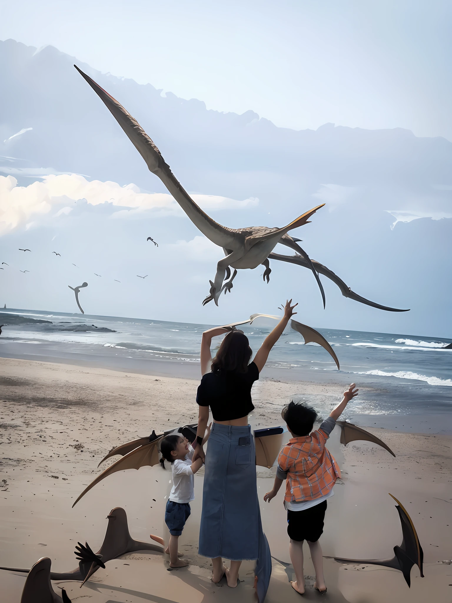 A lot of dinosaurs are running, and there are a lot of pterosaurs in the sky