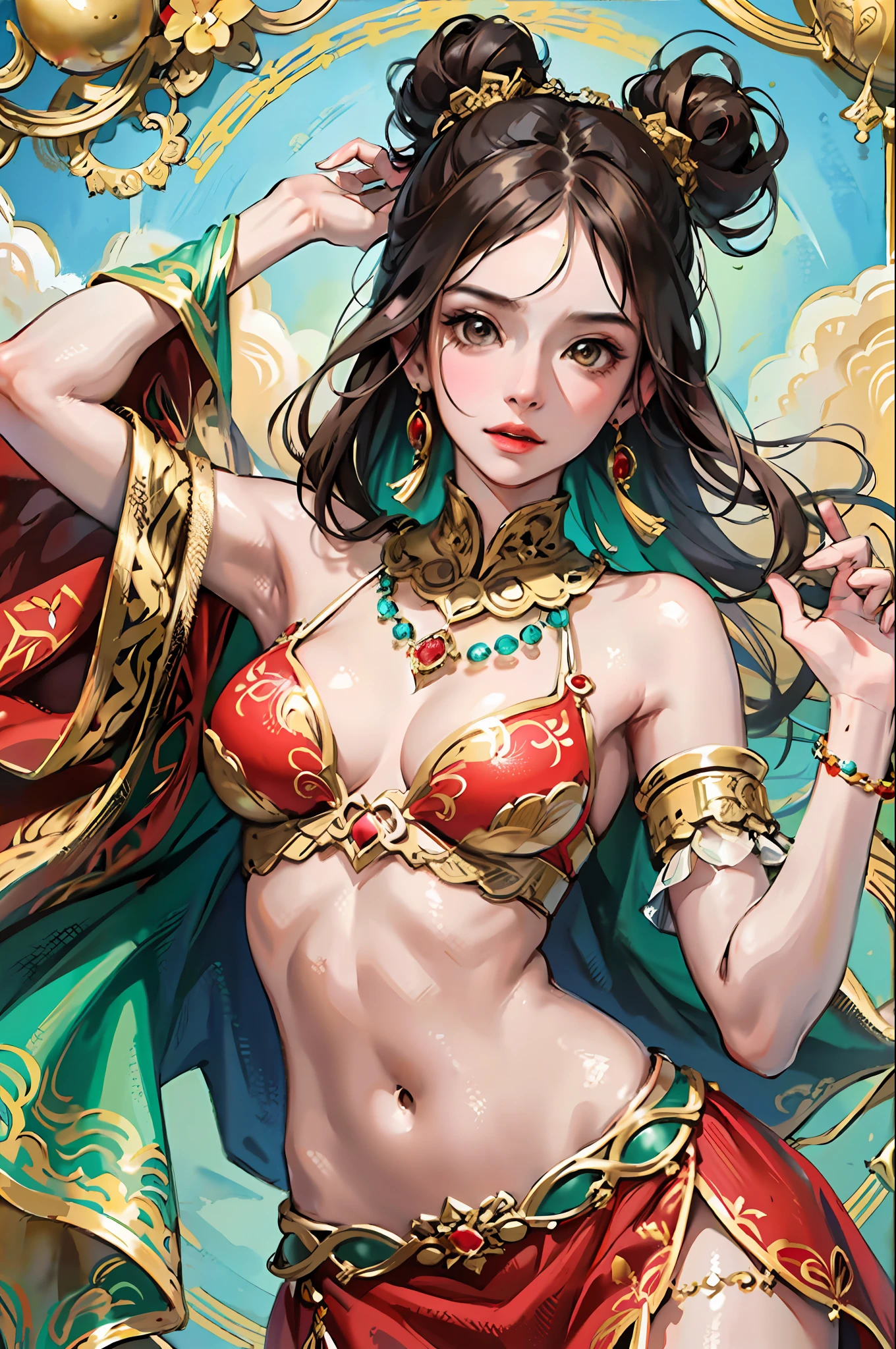 (Masterpiece: 1.2, Best Quality), (Very Detailed Face, Real Pictures, Realistic Skin, Realistic Body, Intricate Details), (High Quality), (Watercolor: 1.3), Pretty Girl, Brunette Hair, Bun All Rolled High, Green Top, Fringed and Gold Ornaments, Jewels on Belly Pollar, Wide Armband with Gold Pattern on the Arm, Red Silk Linked to the Armring, Flying in the Wind, Red and Yellow Long Dress Embroidered with Colorful Patterns, Gorgeous Belt Made of Various Gold Ornaments and Tassel Gemstones, Decoration, Dunhuang Style, Dunhuang Mogao Grottoes, Watercolor Style
