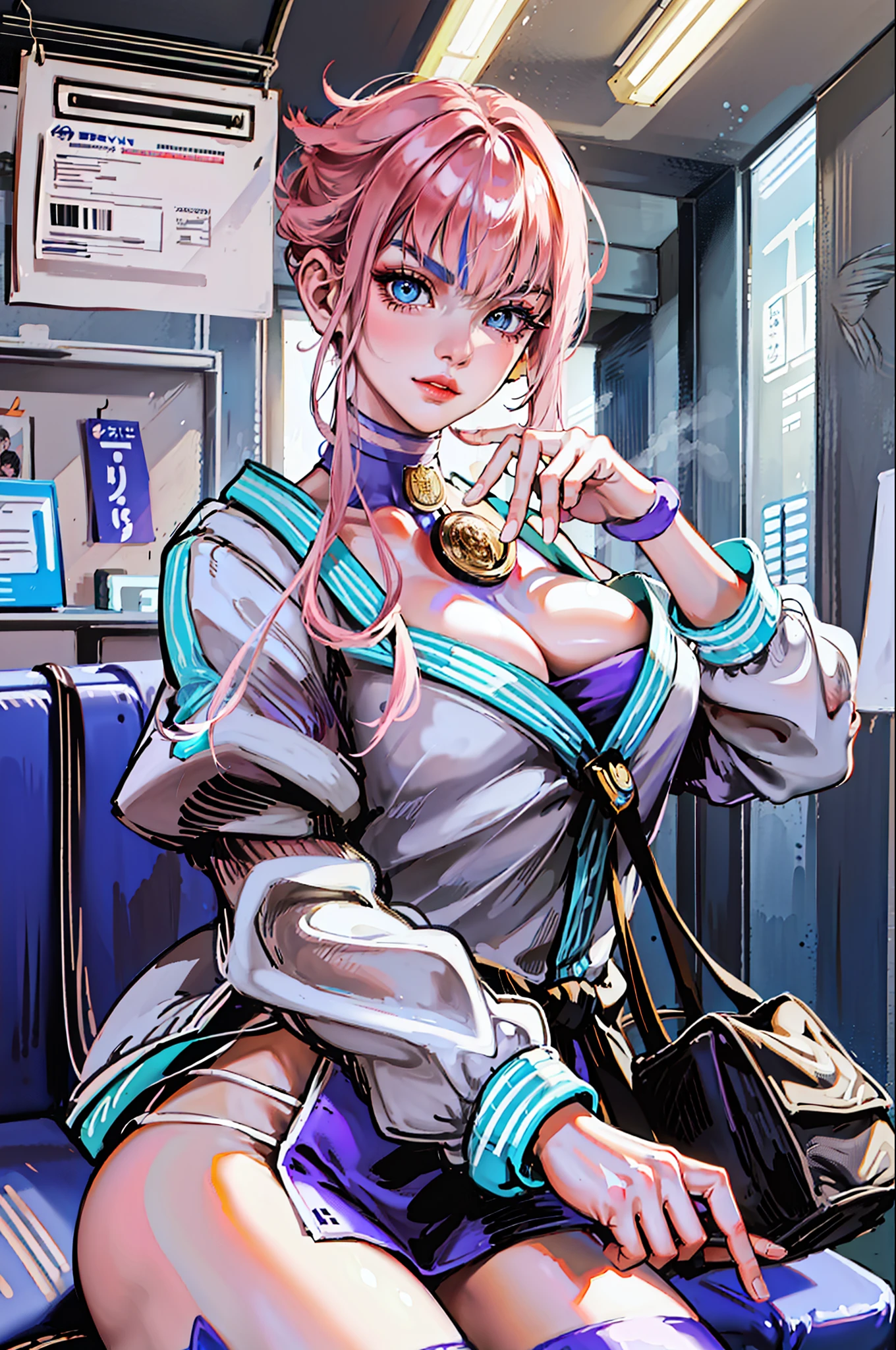((Best Quality, 8K, Masterpiece: 1.3)), (FRACTAL Art: 1.3), ((A Manon in line with Street Fighter 6 official)), short pink shiny hair, (Manon wearing Street Fighter 6 costume), European French, supermodel_body and face, 30 years old, mature, detailed face, detailed skin texture, (long eyes: 1.2, big eyes, delicate eye makeup, long eyelashes), feminine expression, long legs, Perfect body proportions, (small breasts, small but hard), (fitness figure, with obvious muscles), pink nails, perfect facial features, symmetrical face, high nose bridge, three-dimensional, very elegant, noble temperament, full of confident eyes with light, best light, ray tracing, (sitting in a Japanese train, sideways, holding the phone, looking down at the phone, seems to see something interesting, looking at the phone fascinated, smiling), (the camera shoots her side in the distance), white lights in the subway, exquisite scene art, Sitting on a subway train with his legs up, official illustration, (the texture of fine clothes, a jacket full of feathers on the shoulders), (next to a shopping bag from a mall, the logo on the bag says Bvlgari)
