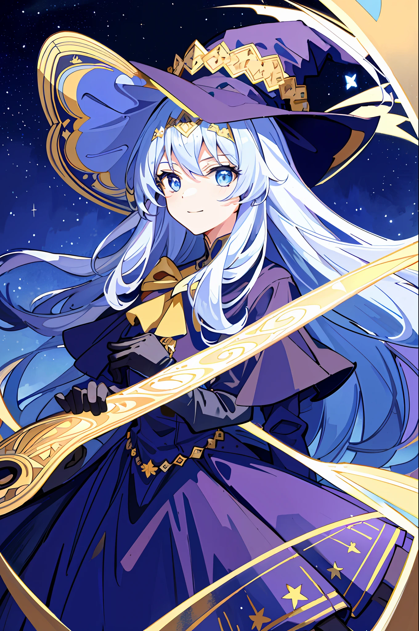 ((masterpiece:1.2, best quality)), 1girl, solo, (witch hat), blonde, long hair, skirt, aurora, night, stars (sky), gloves, sky, white skirt, night sky, mouth open, starry sky, blue Eyes, Ribbons, Long Hair, Red Dress, Smile, Headband, Cape, Blue Hair, (Bird), Magic, Spellcasting, Dark Clouds, Night, (Impressionism: 1.4), (Tarot: 1.3), Alphonse Mucha,