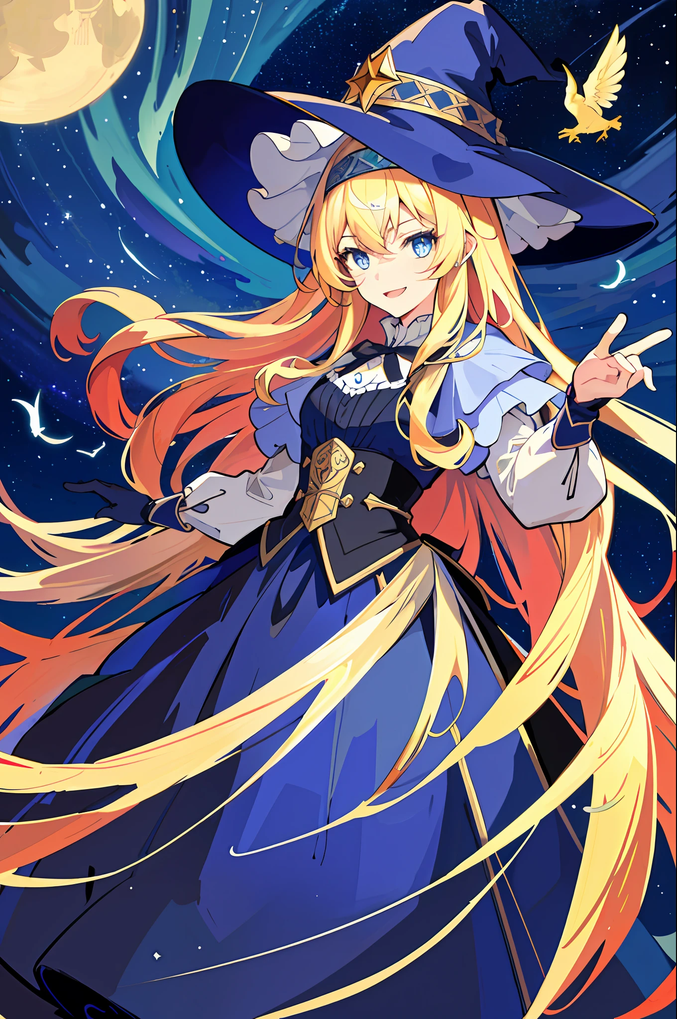 ((masterpiece:1.2, best quality)), 1girl, solo, (witch hat), blonde, long hair, skirt, aurora, night, stars (sky), gloves, sky, white skirt, night sky, mouth open, starry sky, blue Eyes, Ribbons, Long Hair, Red Dress, Smile, Headband, Cape, Blue Hair, (Bird), Magic, Spellcasting, Dark Clouds, Night, (Impressionism: 1.4), (Tarot: 1.3), Alphonse Mucha,