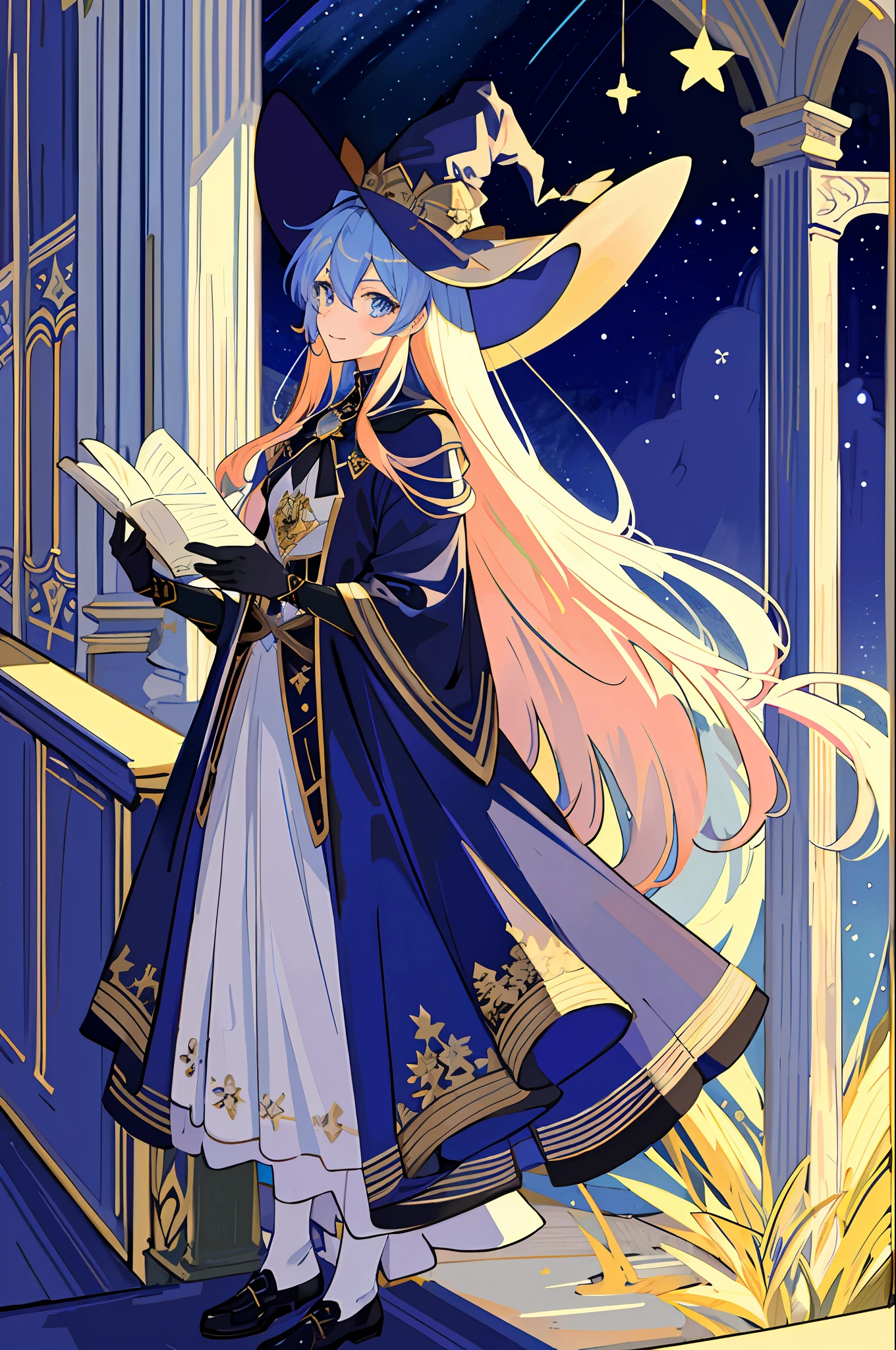 ((masterpiece:1.2, best quality)), 1girl, solo, (witch hat), blonde, long hair, skirt, aurora, night, stars (sky), gloves, sky, white skirt, night sky, mouth open, starry sky, blue Eyes, Ribbons, Long Hair, Red Dress, Smile, Headband, Cape, Blue Hair, (Bird), Magic, Spellcasting, Dark Clouds, Night, (Impressionism: 1.4), (Tarot: 1.3), Alphonse Mucha,