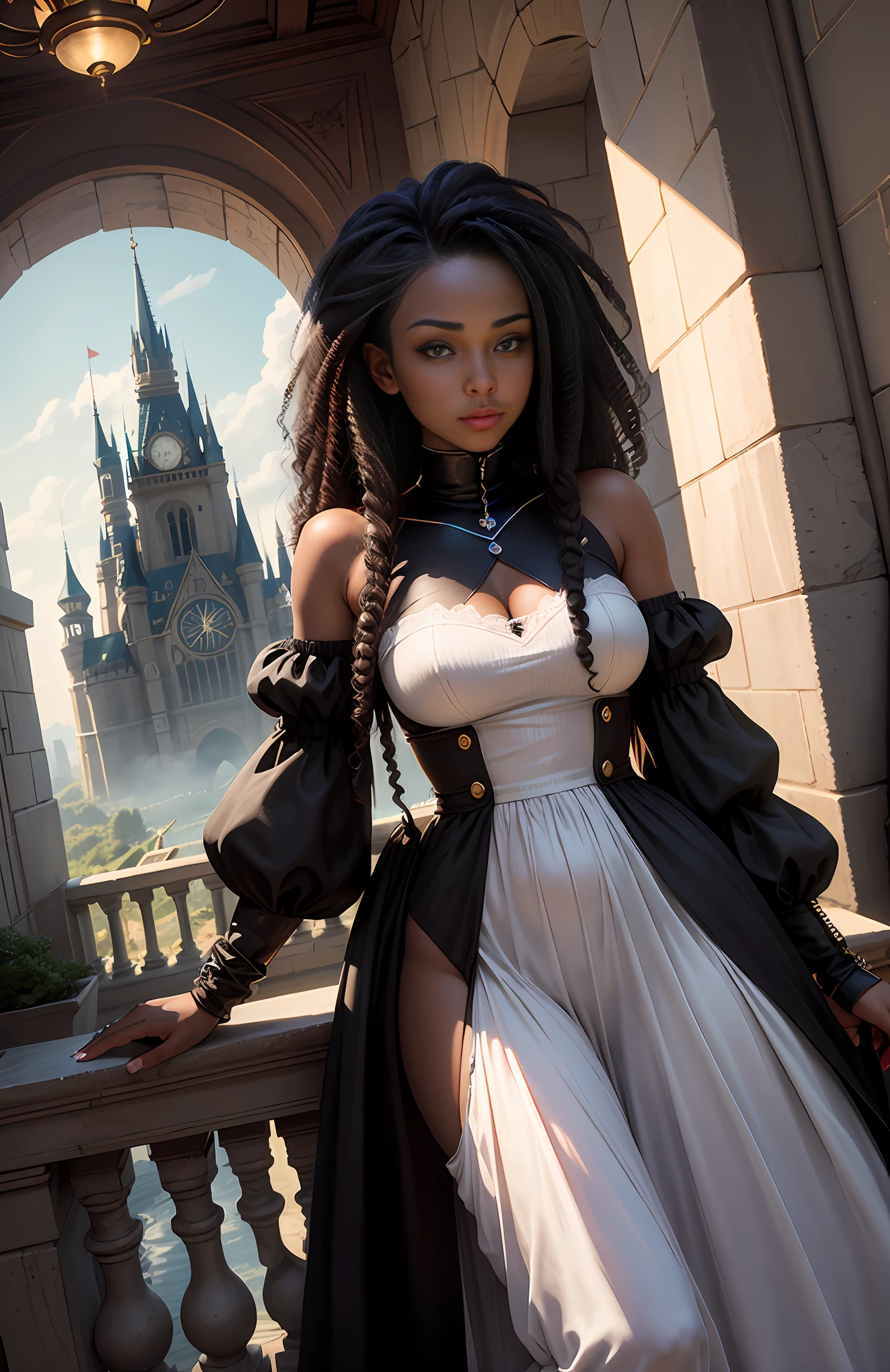 High quality, high resolution, modern fairy tale, protagonist a brilliant hacker man, must rescue a woman who princess, very beautiful black, curly hair, light brown eyes trapped in a tower, hacker man uses only his knowledge of technology to rescue the princess, man, black woman, hacker, princess, castle, 4k resolution, beautiful black face, two characters man and woman,  Perfect shadows