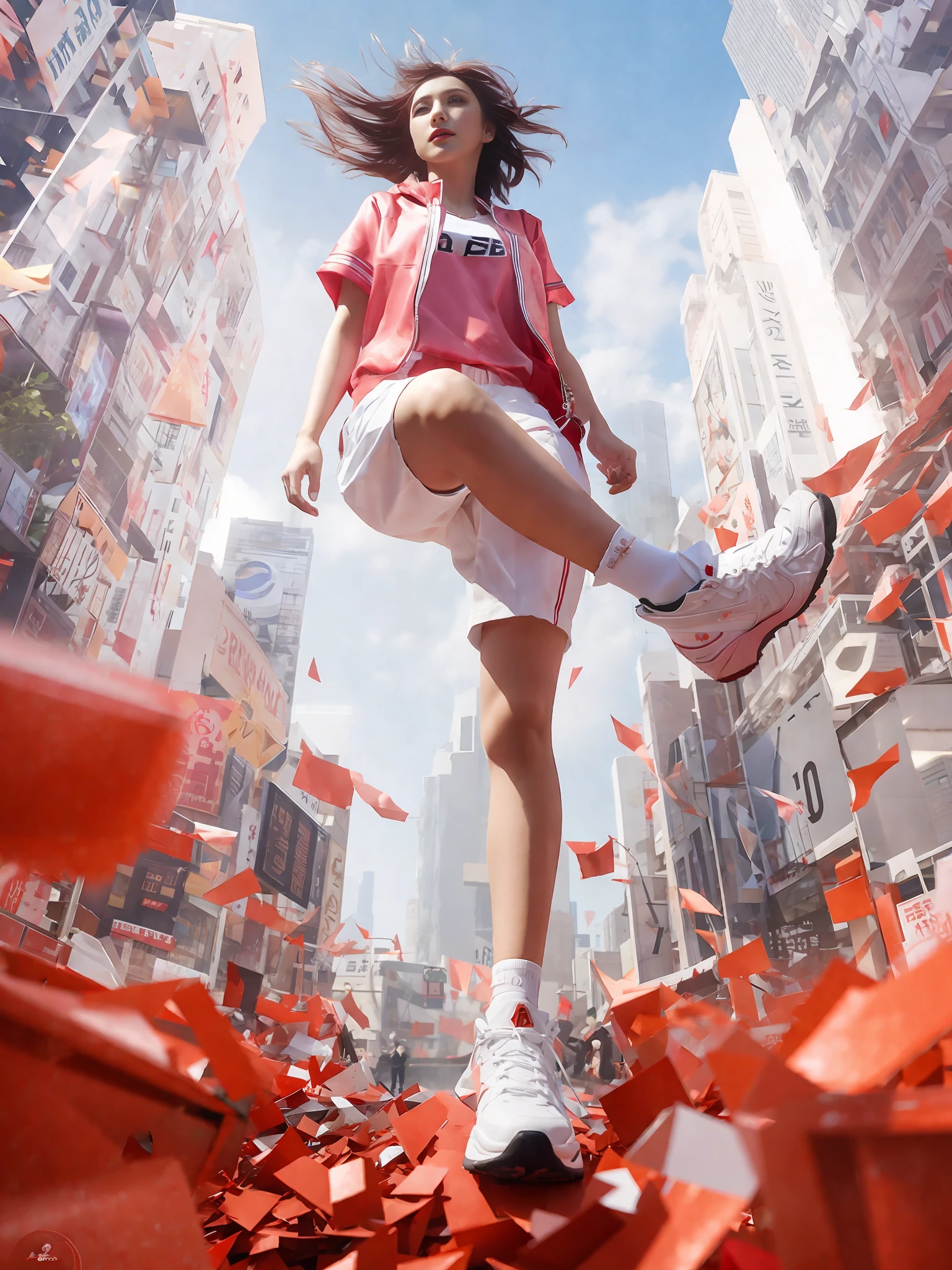 red fragments, blurred,