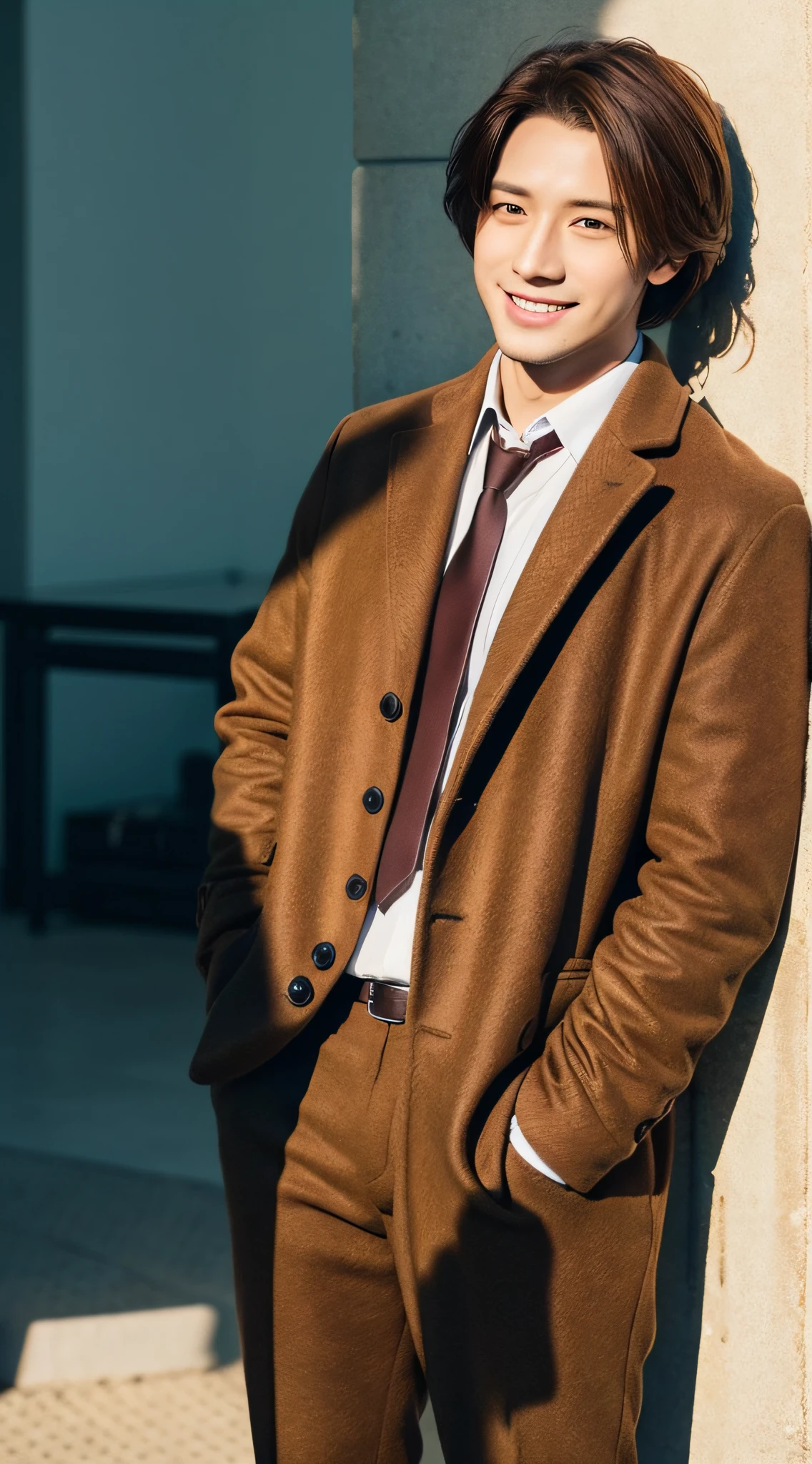 a man about 25 years old, brown hair, smile, hazel eyes, sharp focus, cinematic shadows, full body (1.5),