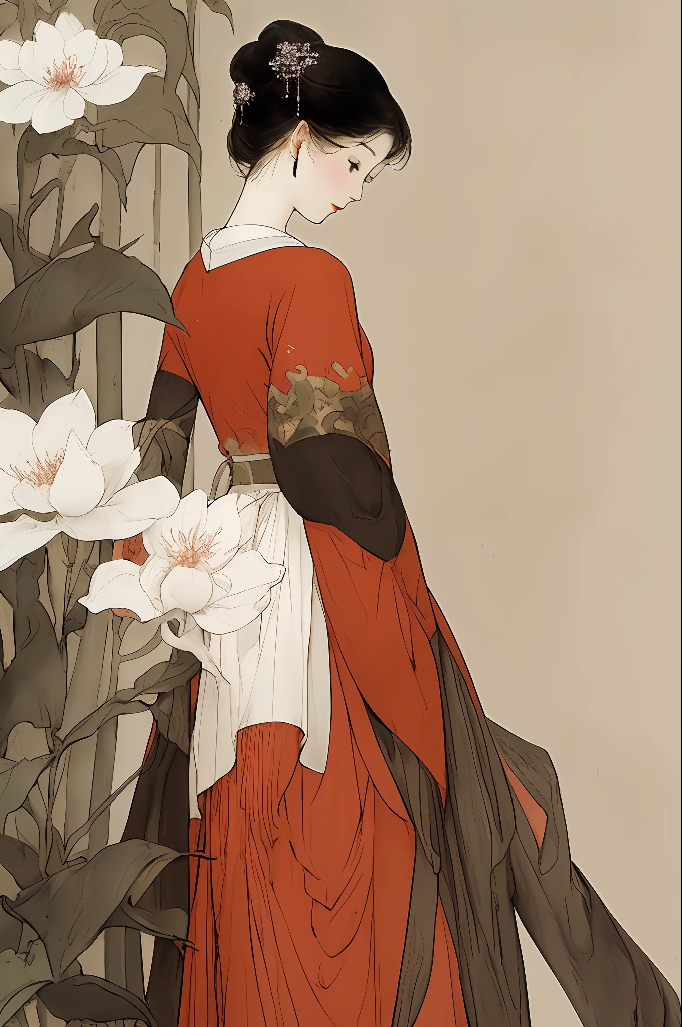 a girl ,full body ,white | bule dress ,standing, flower,修长的竹