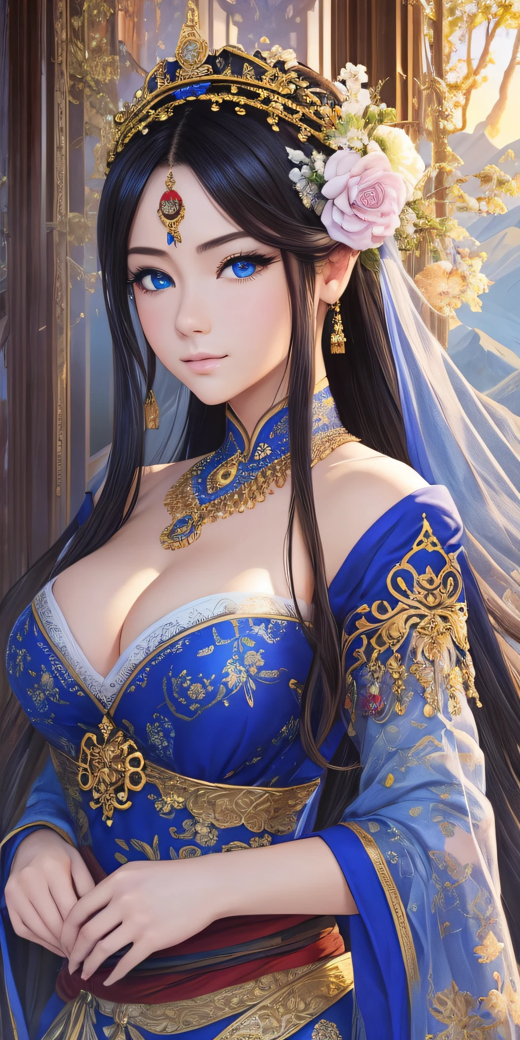 gorgeous, (masterpiece: 1.2), (best quality: 1.2), perfect eyes, beautiful face, perfect lighting, Ganyu_Genshin, roupa_padrão, beautiful girl detailed, eyes and face very detailed, big blue eyes, illustration, very detailed, CG, amazing, fine details, masterpiece, best quality, very detailed CG, sensual pose, mountains in the background, valley with river --auto --s2