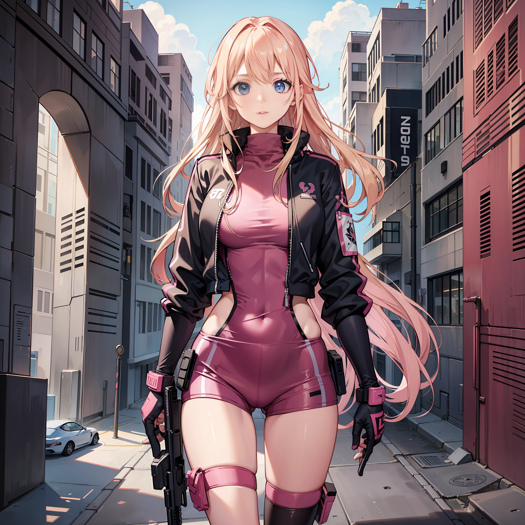 A woman, pink army outfit, athletic body, holding a gun, short clothes, blonde hair, blue eyes, long hair