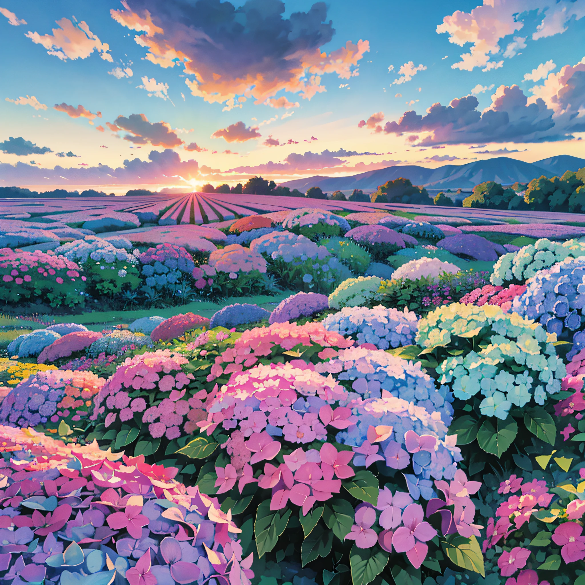 Below the horizon is full of colorful hydrangeas, on the horizon is the sky and sunset Burning clouds Super beautiful clouds Sunset Light sky takes up one-third of the picture Below the horizon accounts for two-thirds of the picture Stunning Cinematic Live Action Ultra-realistic scene 8K --auto --s2