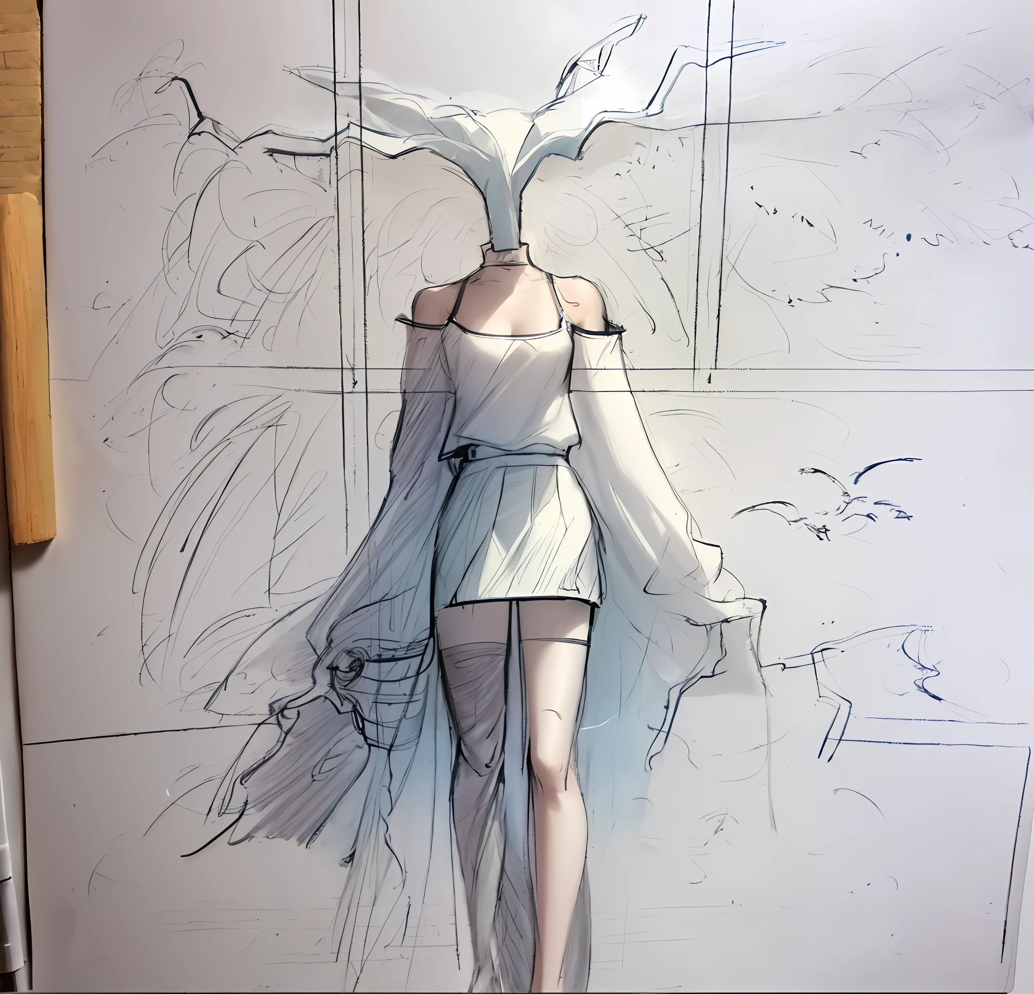 drawing of a woman in a dress with a bird on her head, clear outfit design, clothing concept, full body concept, faded drawing, detailed full body concept, fashion concept art, outfit design, concept sketch, concept art!!, concept illustration, [ conceptual art ]!!, concept art sketch, concept illustartion, cypherpunk fashion illustration, stylized proportions
