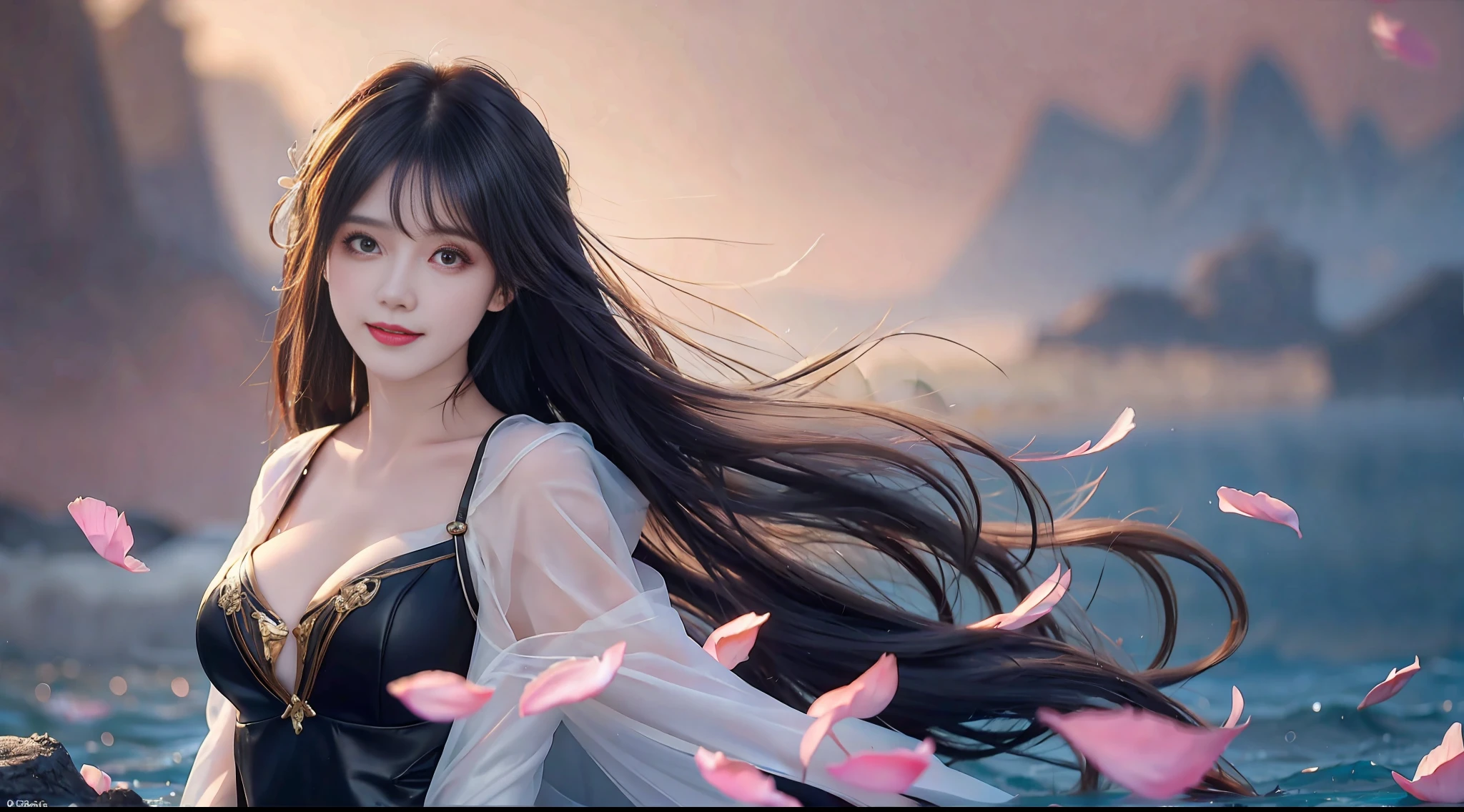 Black hair, long hair, head to knee area, standing underwater, split bangs, modern, surrealism, cinematic lighting, chiaroscuro, masterpiece, textured skin, high resolution, high quality, high detail, beautiful face, pronounced cleavage, translucent clothes, falling petals, smile