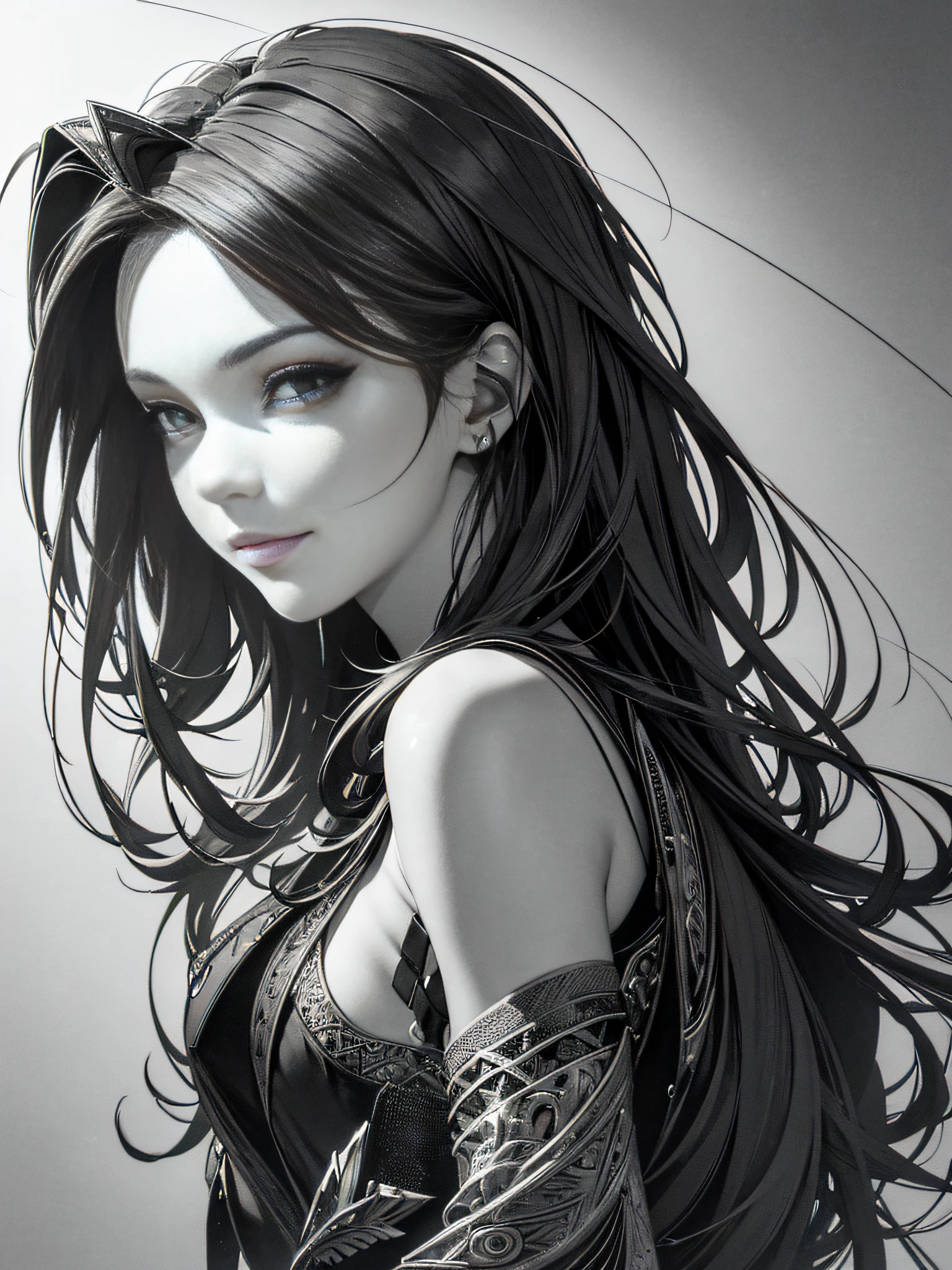 Masterpiece, best quality, young beautiful girl, super detailed, official art, Unity 8k wallpaper, Smirk, (Libra: 1.5) crosshatching, (graphic lines): 1.2, textured shadows, ink lines, dynamic contrast, expressive style, captivating details, chiaroscuro technique