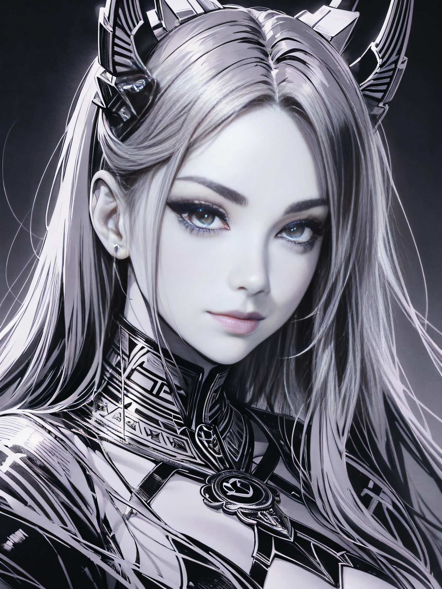 Masterpiece, best quality, young beautiful girl, super detailed, official art, Unity 8k wallpaper, Smirk, (Sagittarius: 1.5) crosshatch, (graphic lines): 1.2, textured shadows, ink lines, dynamic contrast, expressive style, captivating details, chiaroscuro technique