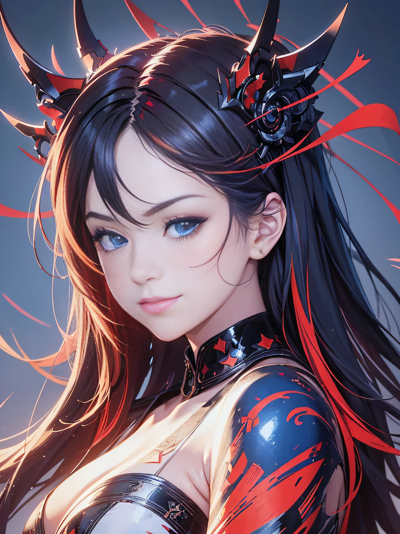 Masterpiece, best quality, young beautiful girl, super detailed, official art, Unity 8k wallpaper, Smirk, (red and blue): 1.5, section lines, (graphic lines): 1.2, textured shadows, ink lines, dynamic contrast, expressive style, captivating details, chiaroscuro technique