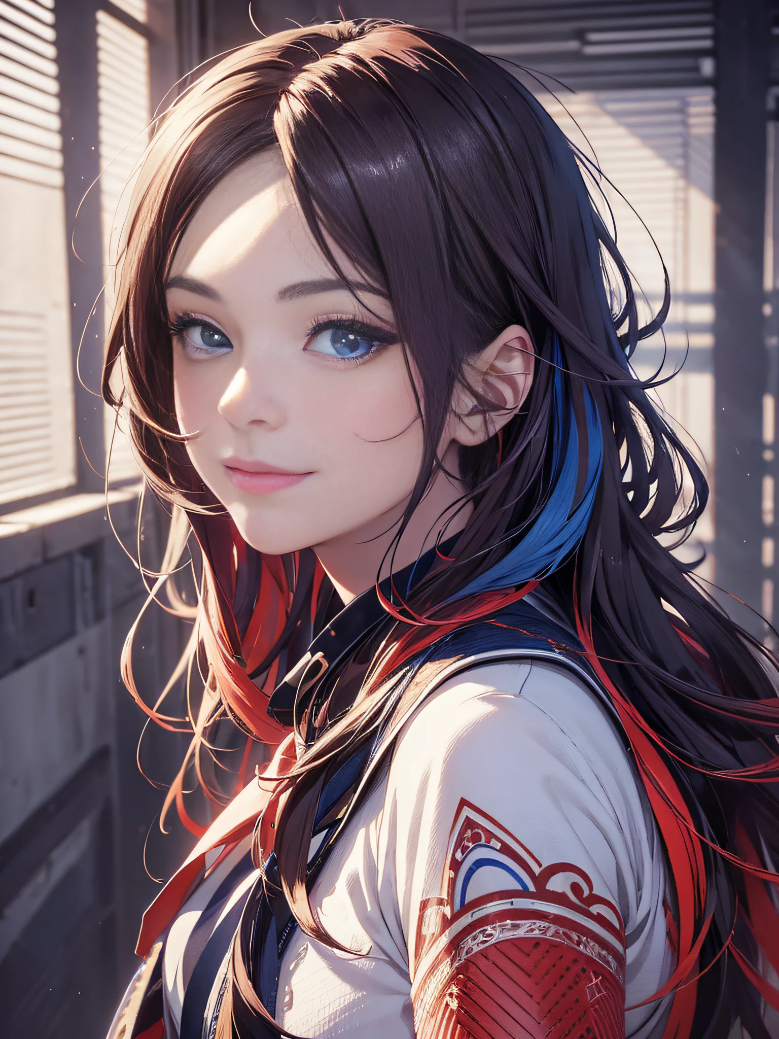 Masterpiece, best quality, young beautiful girl, super detailed, official art, Unity 8k wallpaper, Smirk, (red and blue): 1.5, section lines, (graphic lines): 1.2, textured shadows, ink lines, dynamic contrast, expressive style, captivating details, chiaroscuro technique