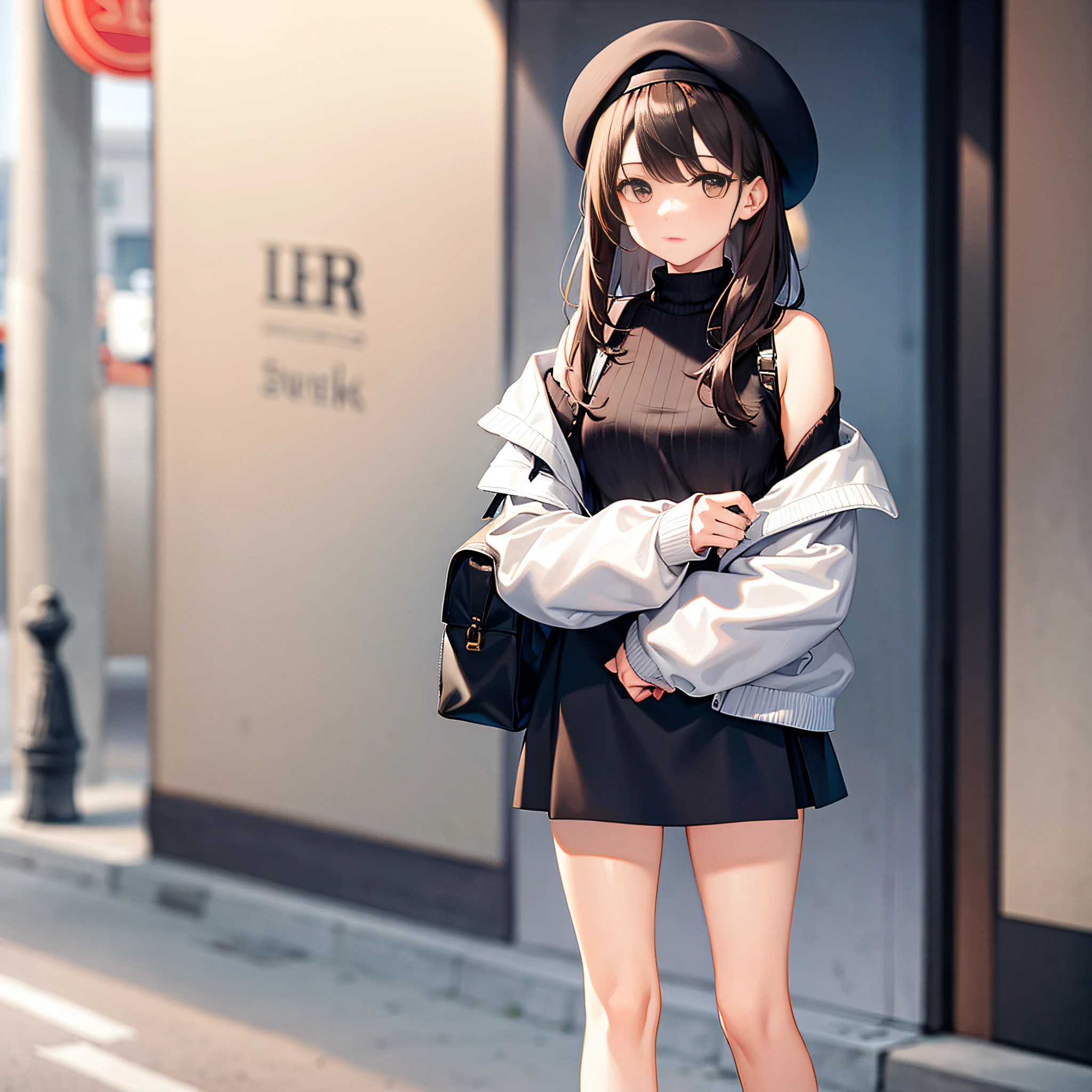 masterpiece, best quality, 1girl, bag, upper body, street, bangs, bare shoulders, beret, black footwear, black headwear, brown eyes, brown hair, closed mouth, handbag, hat, holding, longhair, long sleeves, looking_at_viewer, off shoulder, shoes, skirt, sleeves_past_wrists, socks, solo, sweater, white legwear Negative, standing, side view,