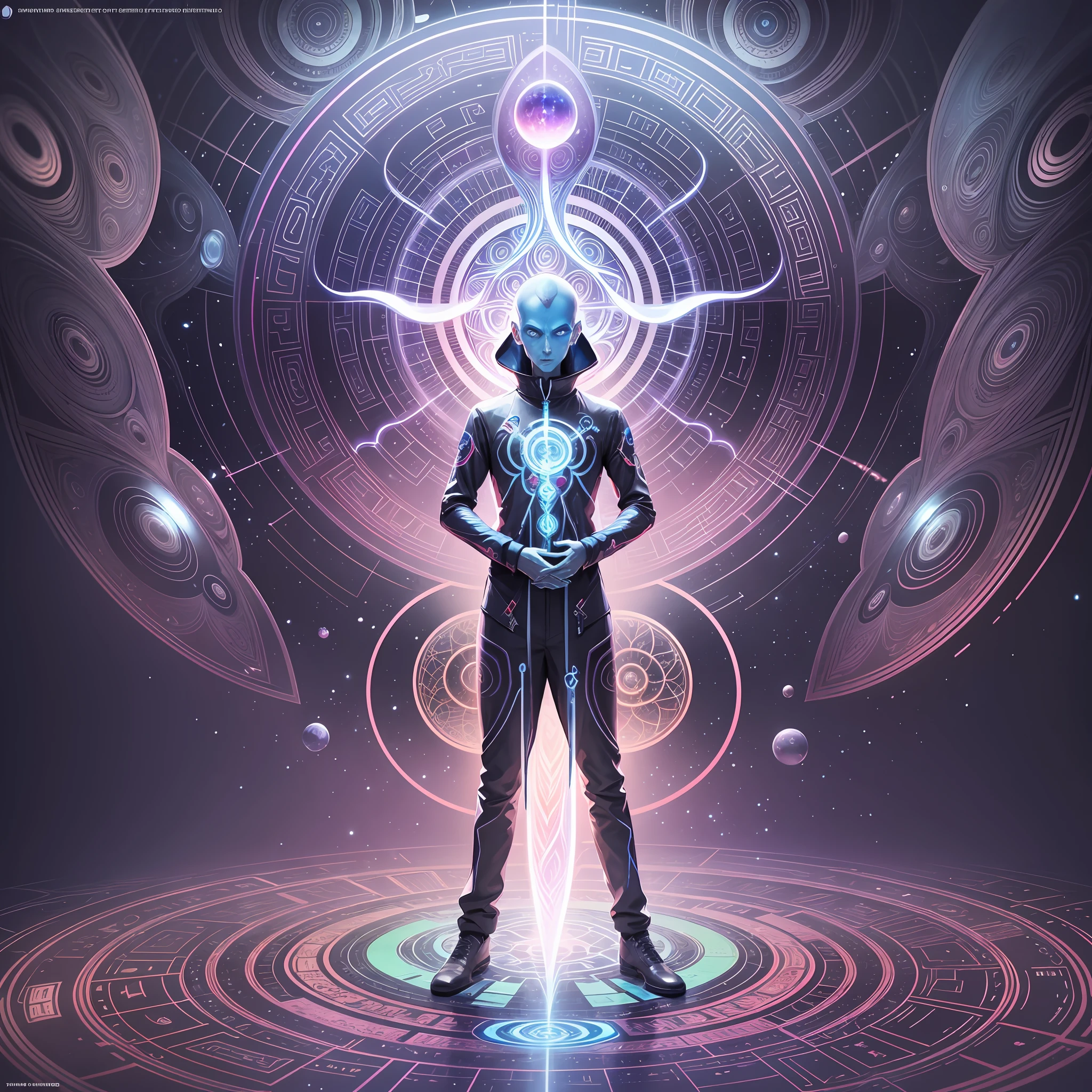 "Please create an image of a gray but silver blue shaped alien scientist in cartoon style wearing futuristic clothing standing in front of a blue background. The image should be digital art inspired by Andrei Kolkoutine, Tumblr, psychedelic art and sacred geometry. The alien scientist is in the spiritual dimension, where the form is psychedelic and composed of sacred geometry. He is a portal of energy. Please take into consideration art references from Dan Mumford and Alex Grey, as well as elements of DMT entities, alien music, and LSD art." --auto --s2