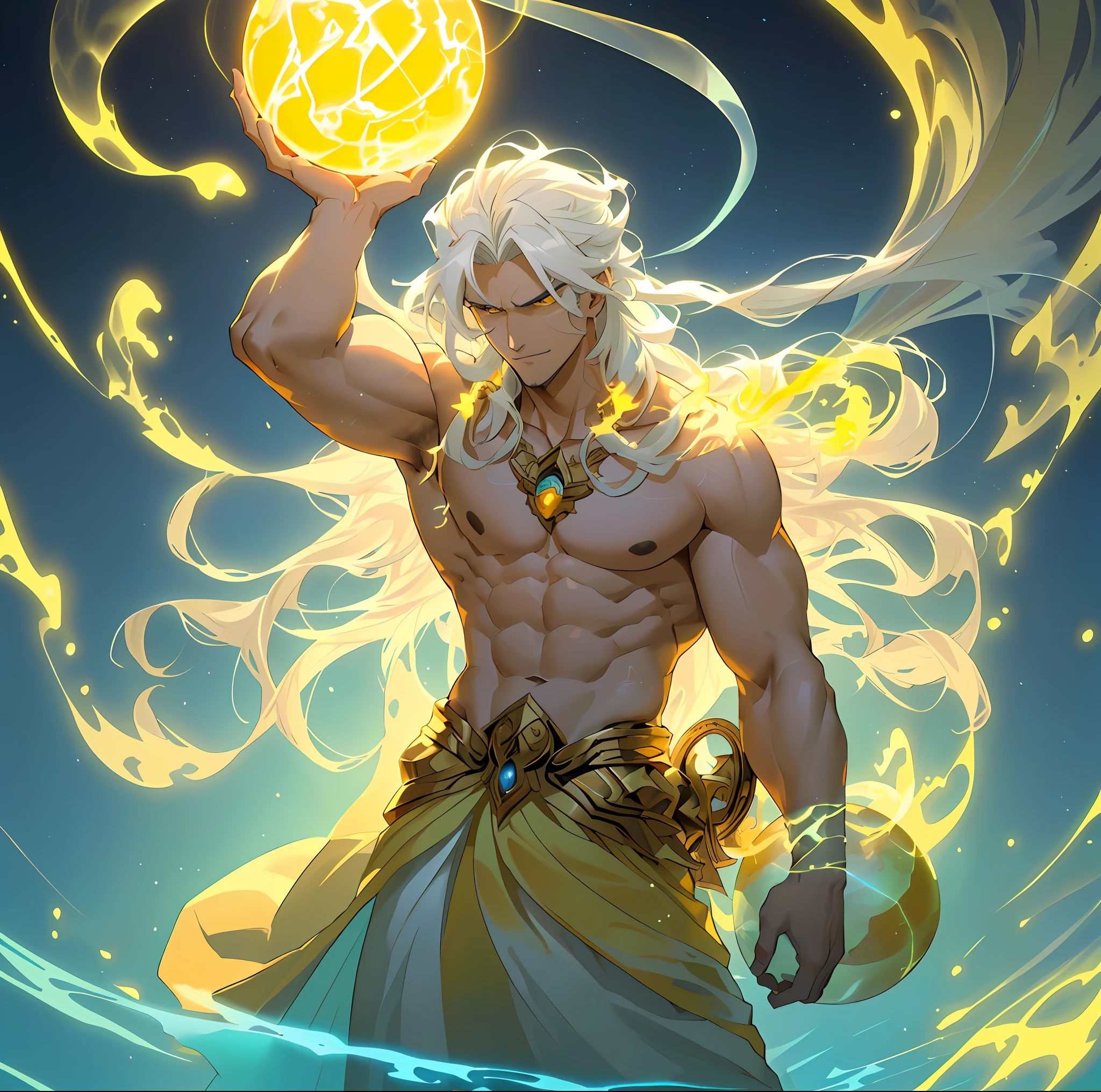 a close up of a man holding a yellow ball in his hand, furious god zeus, god of moon, an epic anime of a energy man, djinn human hybrid, skinny male fantasy alchemist, white haired deity, greek god, attractive male deity, djinn man male demon, the god zeus, god of the sun, male djinn man demon hybrid