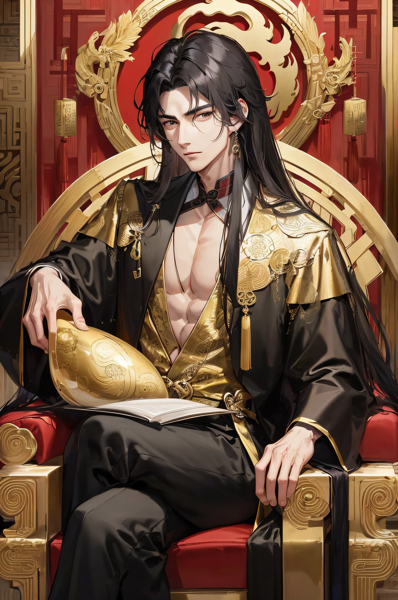 Masterpiece, Superb Style, Night, Full Moon, 1 Man, Chinese Style, Ancient China, Black Hair, Black Eyes, Split Ends, Long Hair, Long Bangs, Handsome, Handsome, Masculine, Serious, Gentle, Tall, Calm, Black Gold Blend, Gold Pattern, Dragon Pattern, Prince, Palace, Seated, Dragon Chair