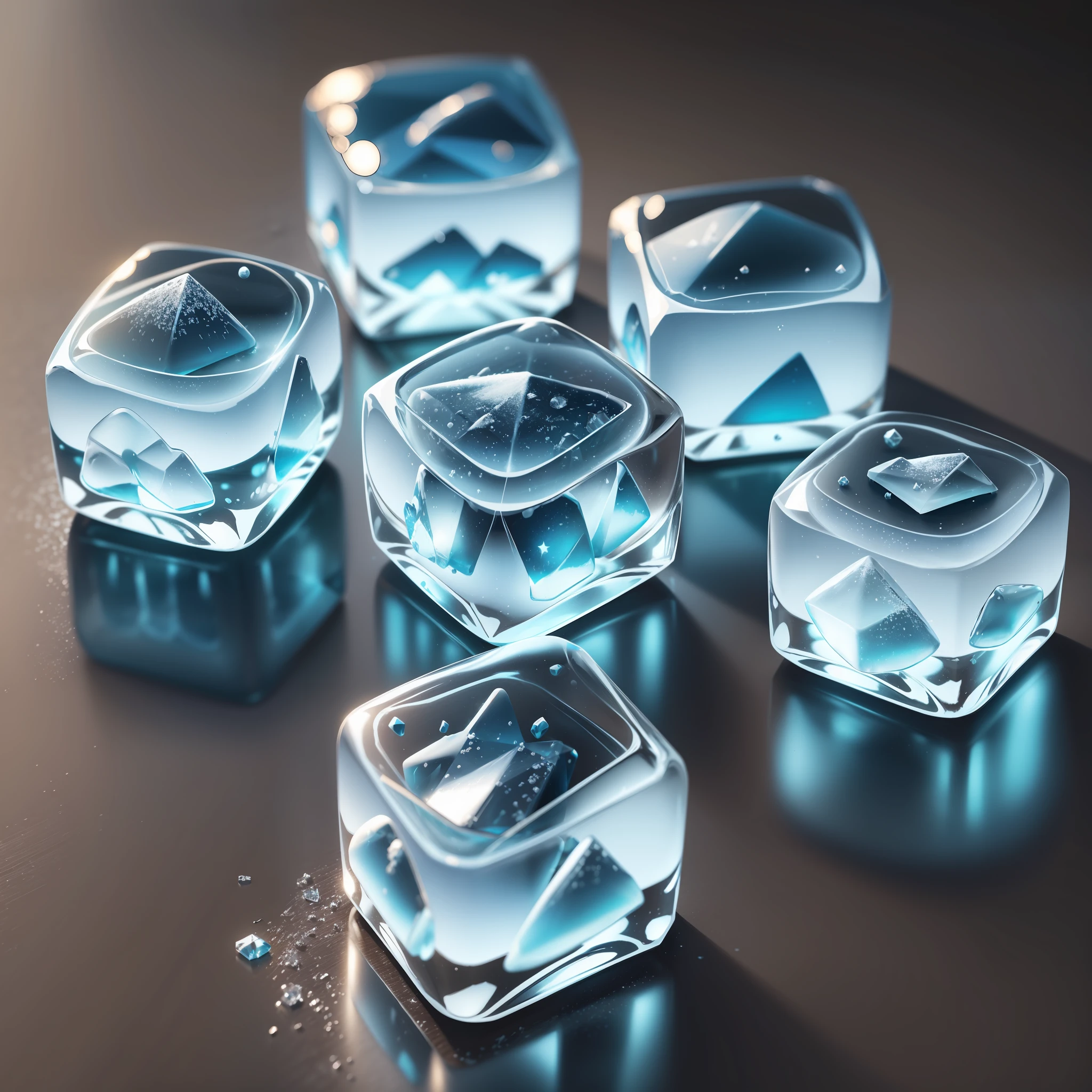 6 Small ice cubes (ice_cube, crystallized, transparent, shiny, crystal) scattered on the floor