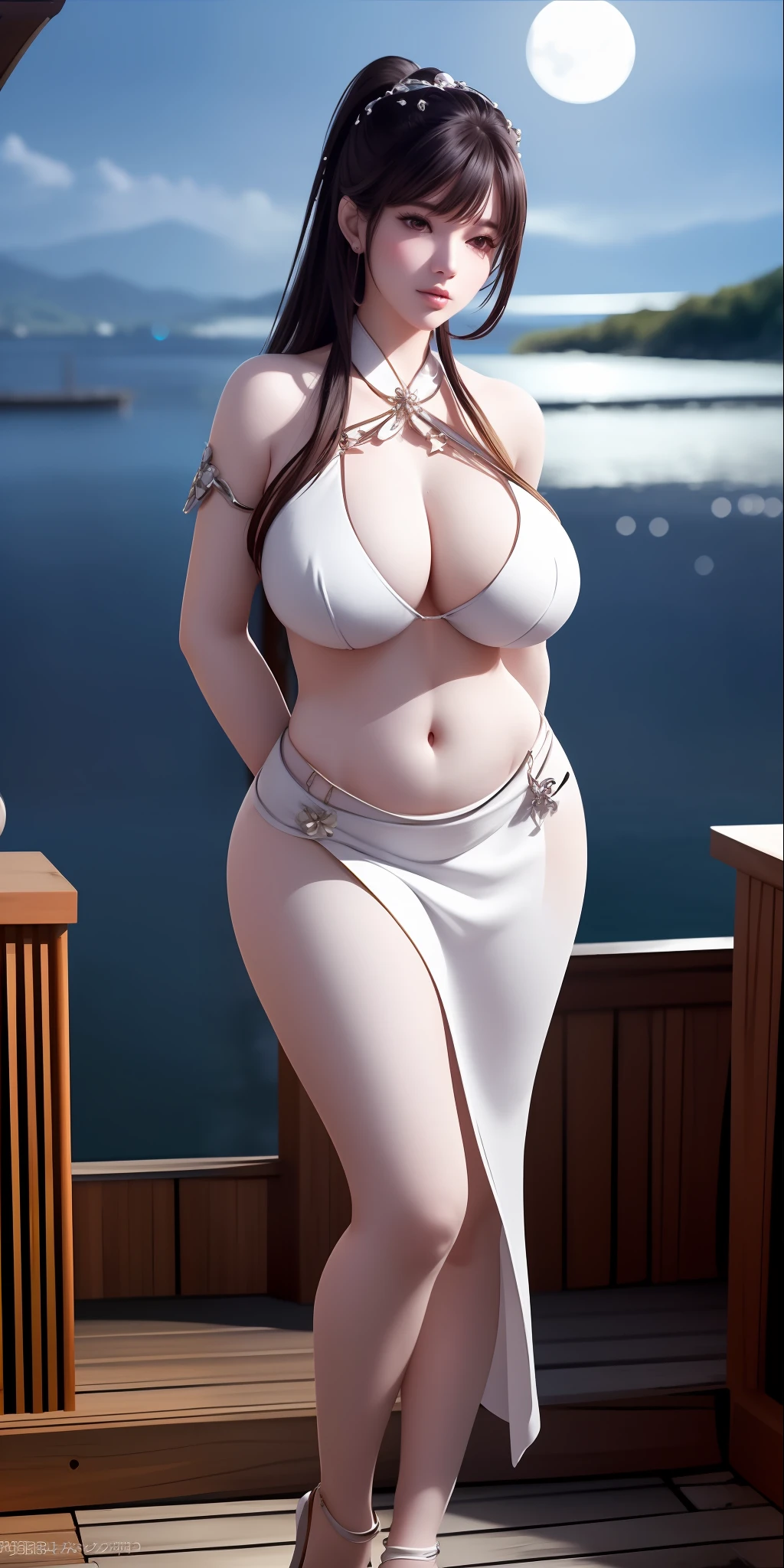 araffe woman in a white dress posing on a deck, voluptuous body, photorealistic perfect body, thicc, japanese goddess, anime goddess, realistic bikini, giant stunning goddess shot, hyperrealistic full figure, realistic shaded perfect body, beautiful alluring anime woman, voluptuous figure, shiny white skin, cinematic goddess body shot, beautiful goddess