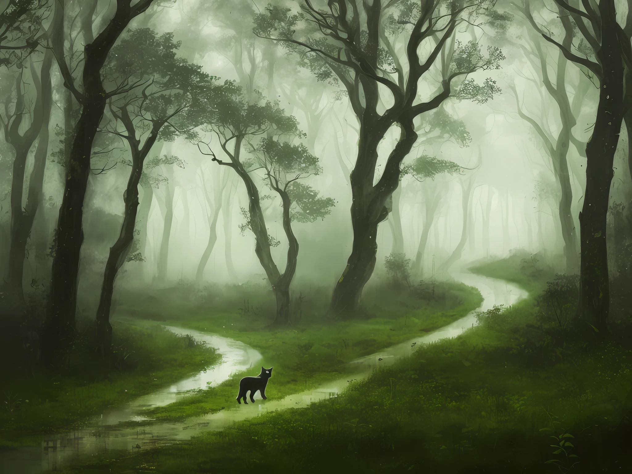 photo of a lonely cat, green eyes, forest, raining, mystic, hyper detailed, light fog, realistic