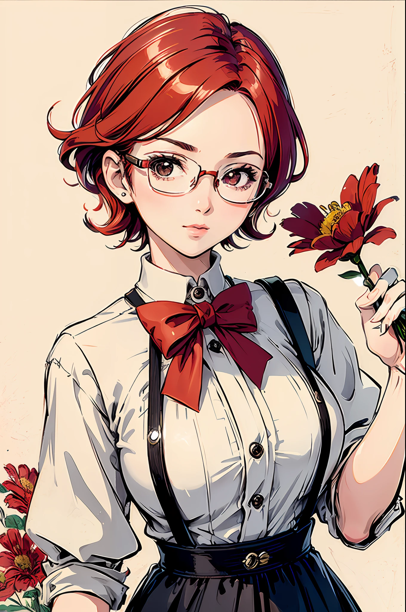 (masterpiece:1.2, best quality), (dinamic lighting) 1lady, solo, short hair, big breasts,  (shiny skin:1.2), upper body, monocle, glasses, modern, wavy red hair,Suspenders, flower on ear, harajuku style, hair pin