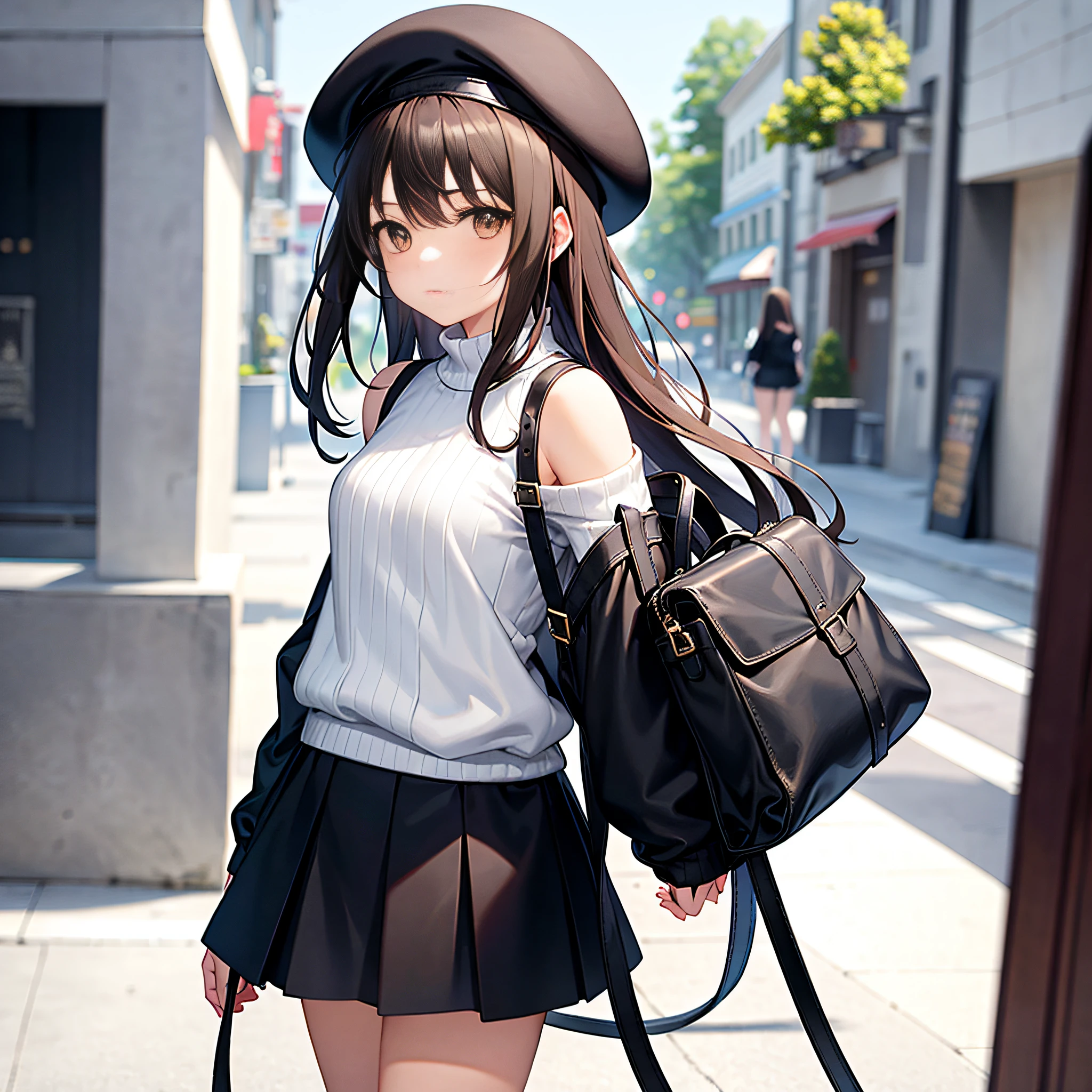 masterpiece, best quality, 1girl, bag, upper body, street, bangs, bare shoulders, beret, black footwear, black headwear, brown eyes, brown hair, closed mouth, handbag, hat, holding, longhair, long sleeves, looking_at_viewer, off shoulder, shoes, skirt, sleeves_past_wrists, socks, solo, sweater, white legwear Negative, standing, side view,