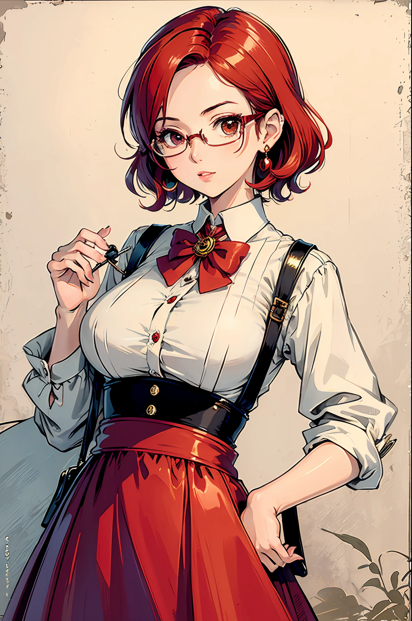 (masterpiece:1.2, best quality), (dinamic lighting) 1lady, solo, short hair, big breasts, (shiny skin:1.2), upper body, monocle, glasses, modern, wavy red hair,Suspenders, flower on ear, harajuku style, hair pin