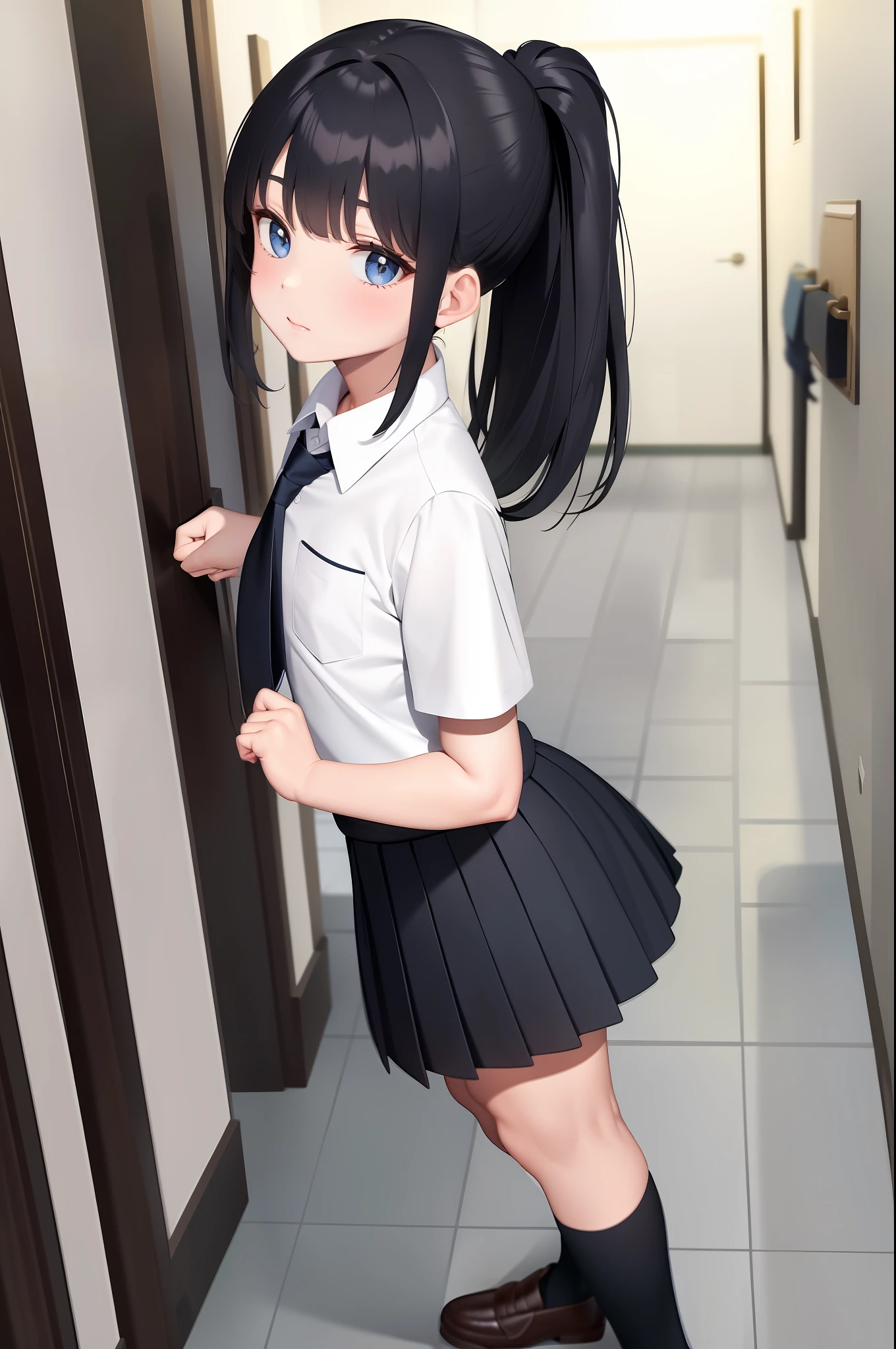 best quality, masterpiece, school uniform, socks, hallway, cute, double ponytail, black hair, blue eyes,