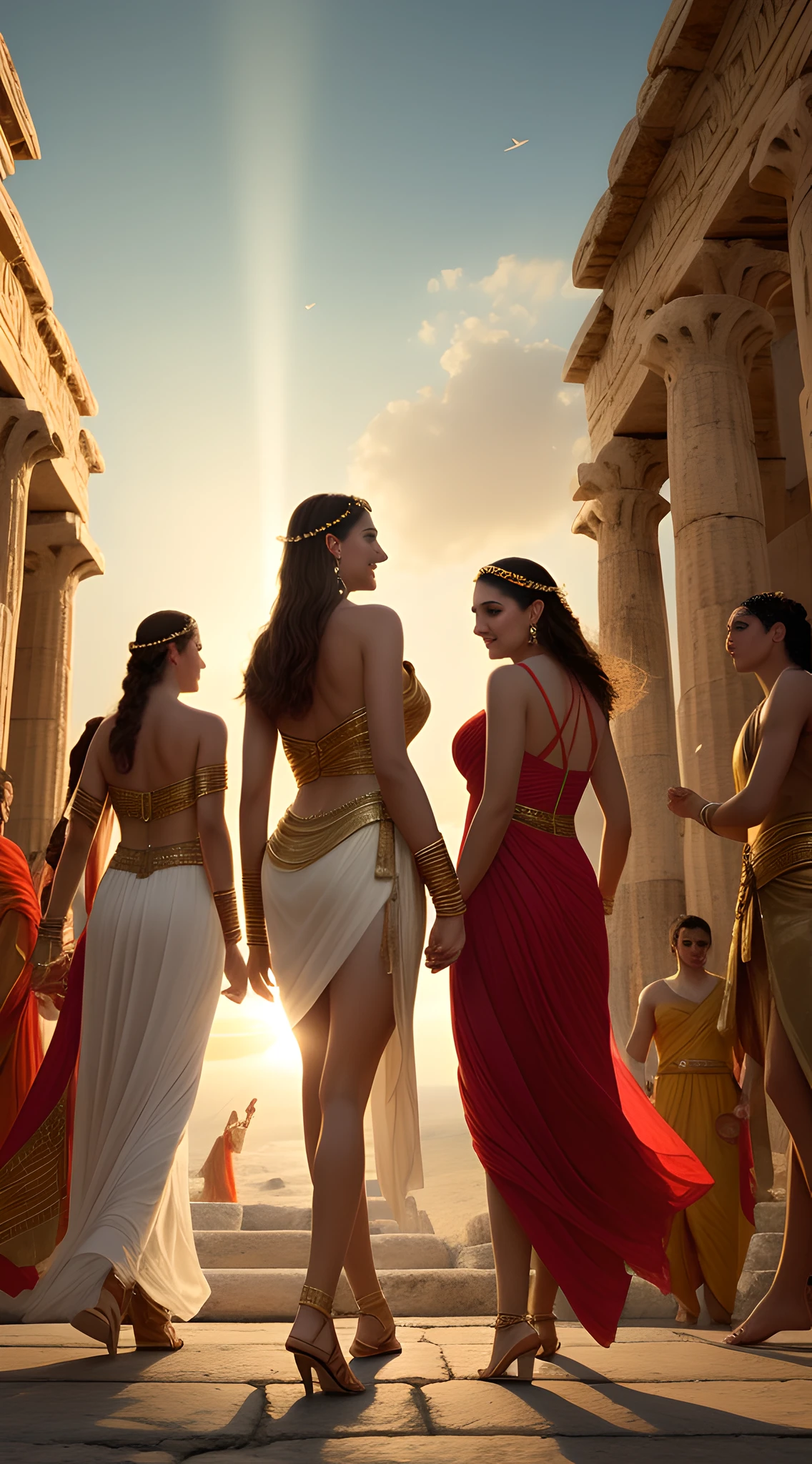 (best quality, UHD, realistic photography, official art:1.2, by Greg Rutkowski), ethereal ancient Greek female celebrities, (gracefully adorned in short ancient Greek dresses and sandals:1.2), gracefully striding down the prestigious red carpet, a sea of fans and spectators in the background, the golden hour casting a heavenly light, a bustling and joyous ambiance reminiscent of an ancient Greek celebration.